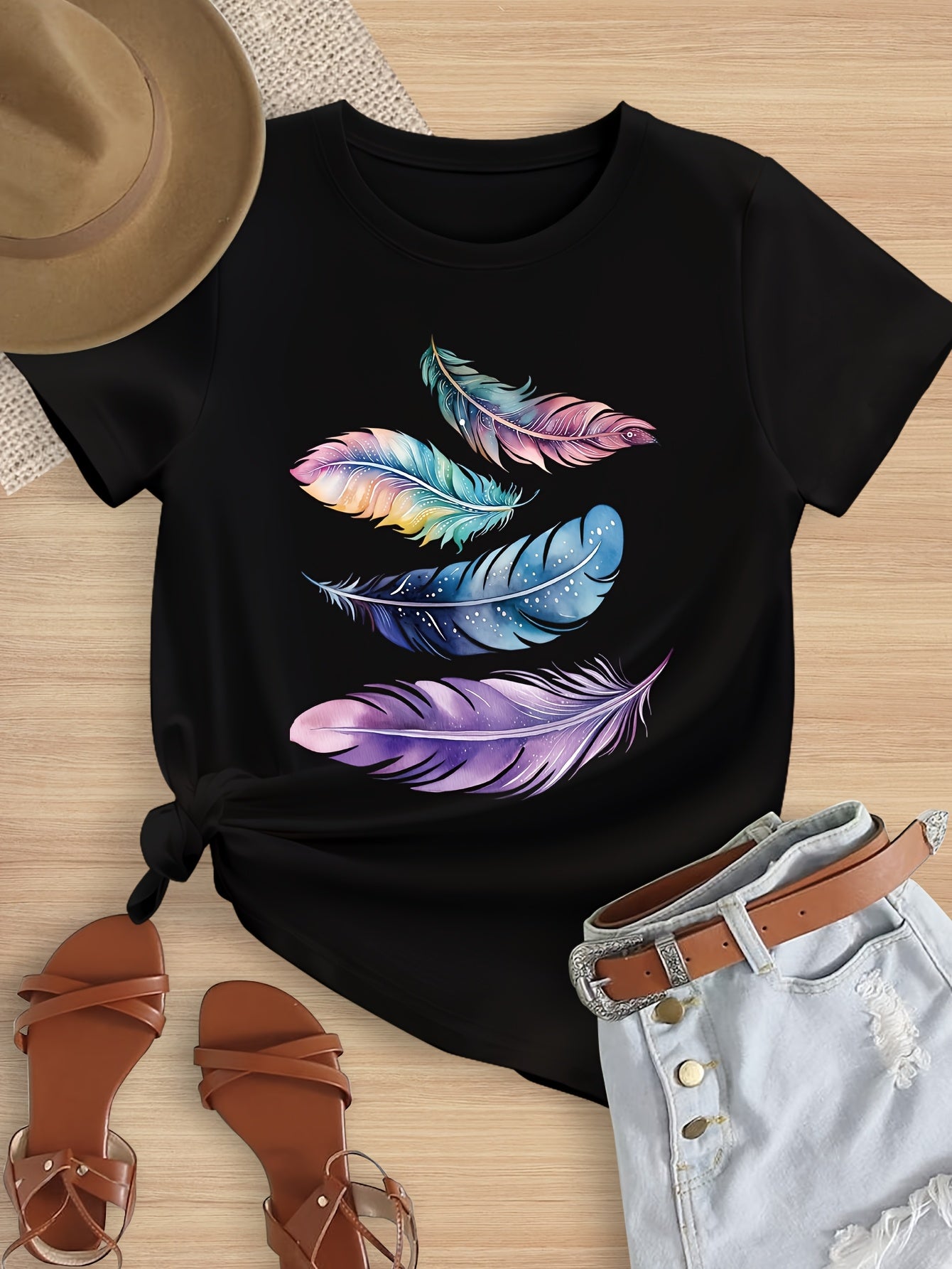 Girls' Summer Short Sleeve T-Shirt with Colorful Feather Print, Soft, Elastic And Comfortable Round Neck Short Sleeve Tee, Girls' Casual Outdoor Sports Summer Top, Suitable for Ages 7-14