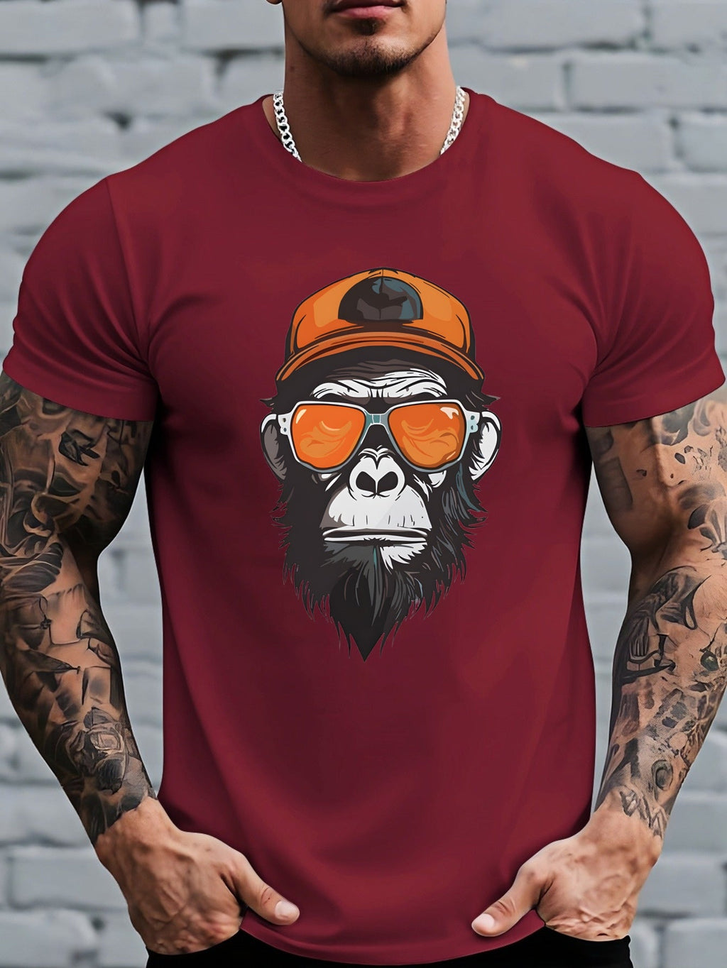 Men's Monkey Print T-Shirt - Monkey-Themed Short Sleeve Round Neck Casual Top, Breathable Summer Shirt Suitable for Outdoor & Casual Attire, Machine Washable Solid Color Base with Monkey
