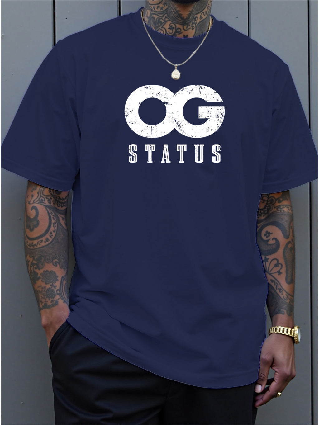 Men's Large 'OG Status' Graphic T-Shirt - Bold White OG Lettering Crew Neck Short Sleeve Shirt, Casual Summer Streetwear with Comfortable Fit & Machine Washable Suitable for Casual Attire, Gym, Lounge, PLUS SIZE