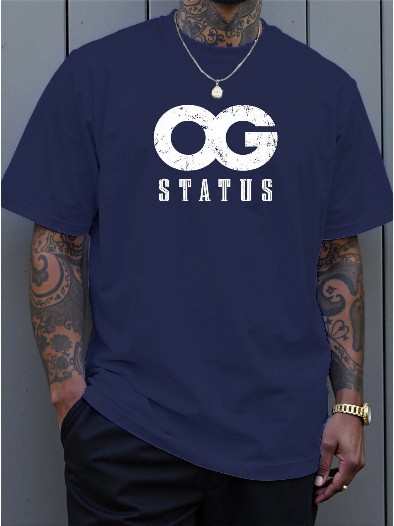 Men's Large 'OG Status' Graphic T-Shirt - Bold White OG Lettering Crew Neck Short Sleeve Shirt, Casual Summer Streetwear with Comfortable Fit & Machine Washable Suitable for Casual Attire, Gym, Lounge, PLUS SIZE