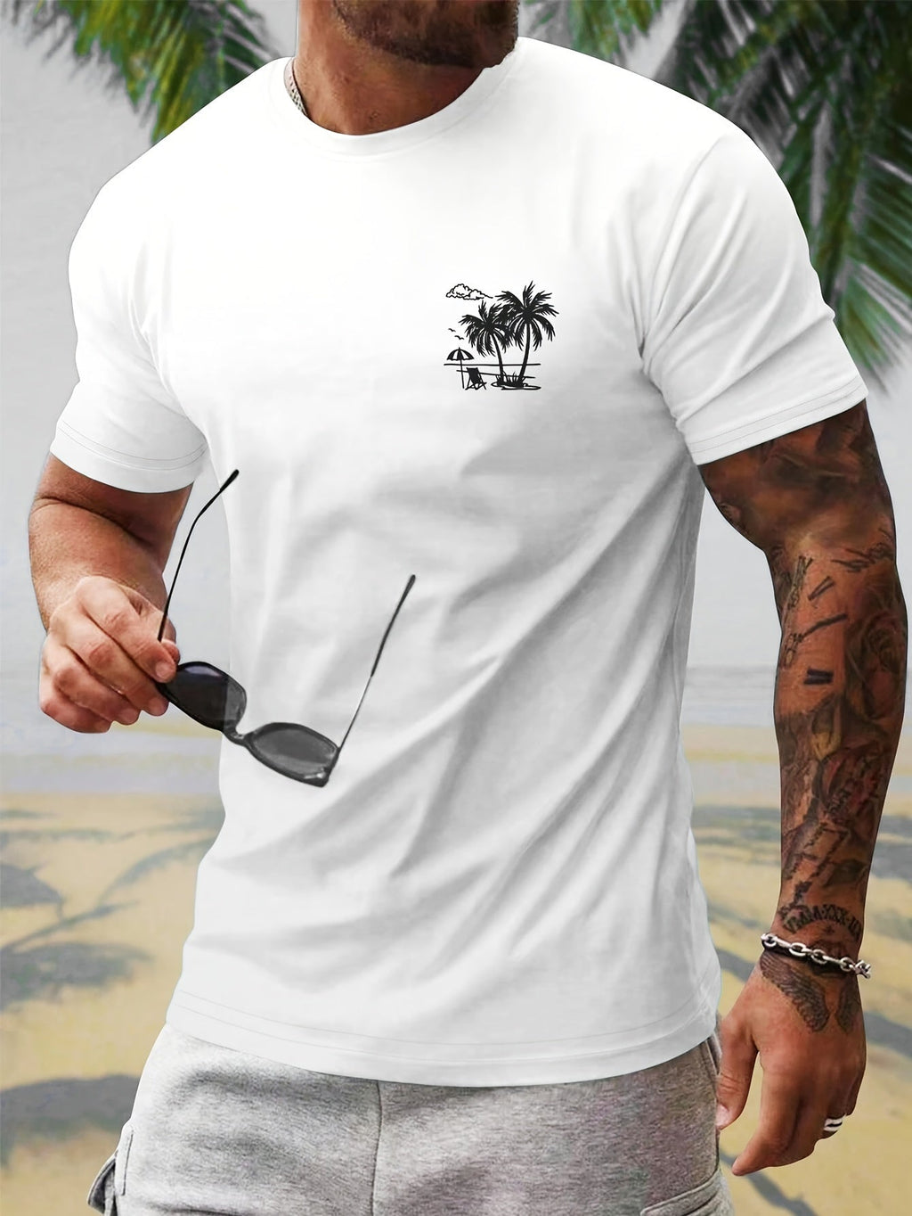 Men's Trendy Coconut Tree Print Regular Fit T-Shirt, Polyester with Elastane, Round Neck, Machine Washable - Summer Collection, Shoulder