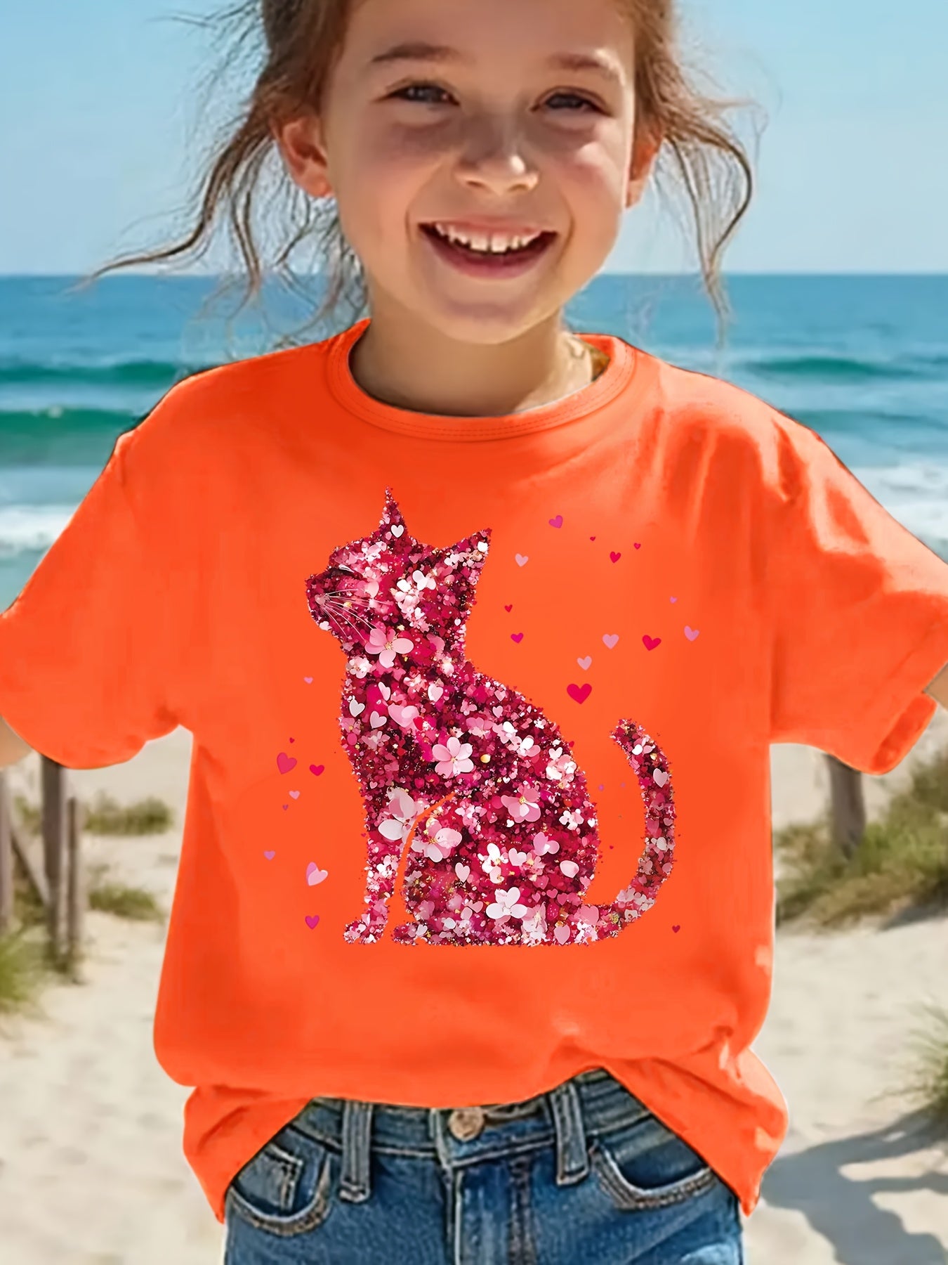 Cute girls' T-shirts, including a cat print T-shirt with faux sequin design, a romantic red floral print T-shirt, a round neck short-sleeved casual top, the perfect choice for summer outings.