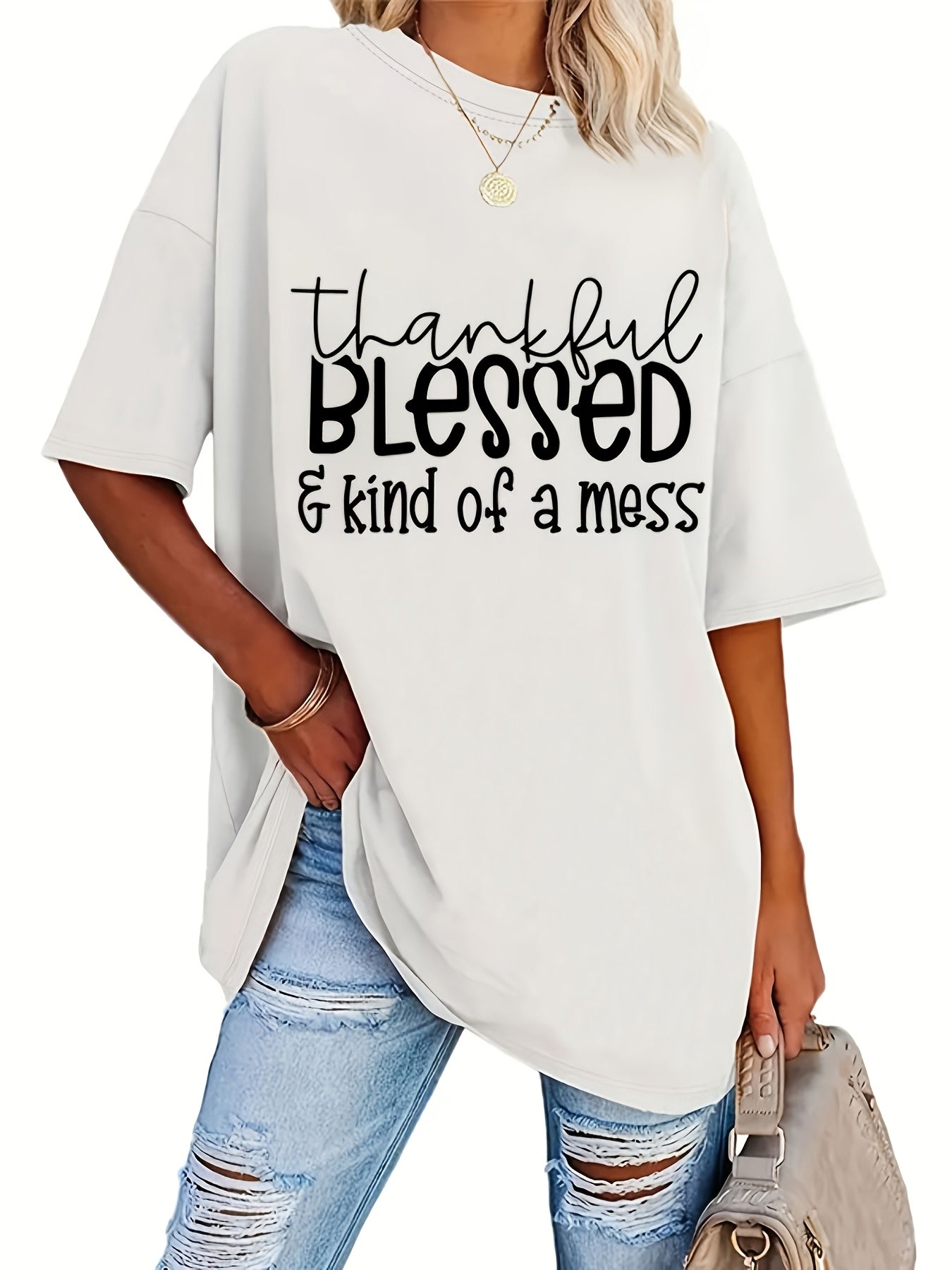 Plus Size Blessed Print T-shirt, Short Sleeve Crew Neck Casual Top For Summer & Spring, Women's Plus Size Clothing