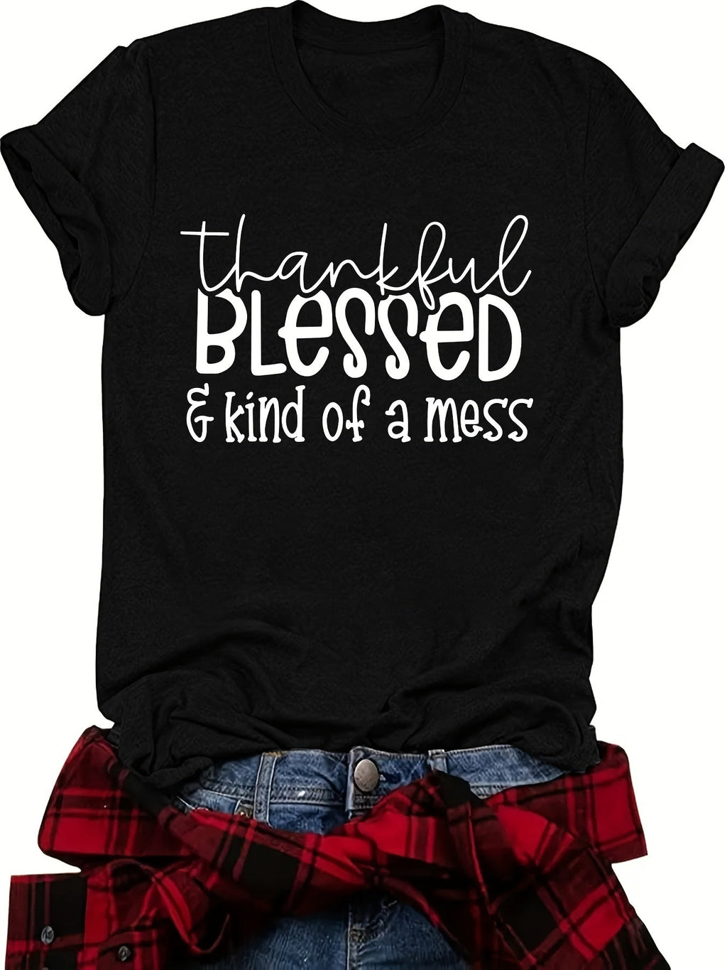 Plus Size Blessed Print T-shirt, Short Sleeve Crew Neck Casual Top For Summer & Spring, Women's Plus Size Clothing