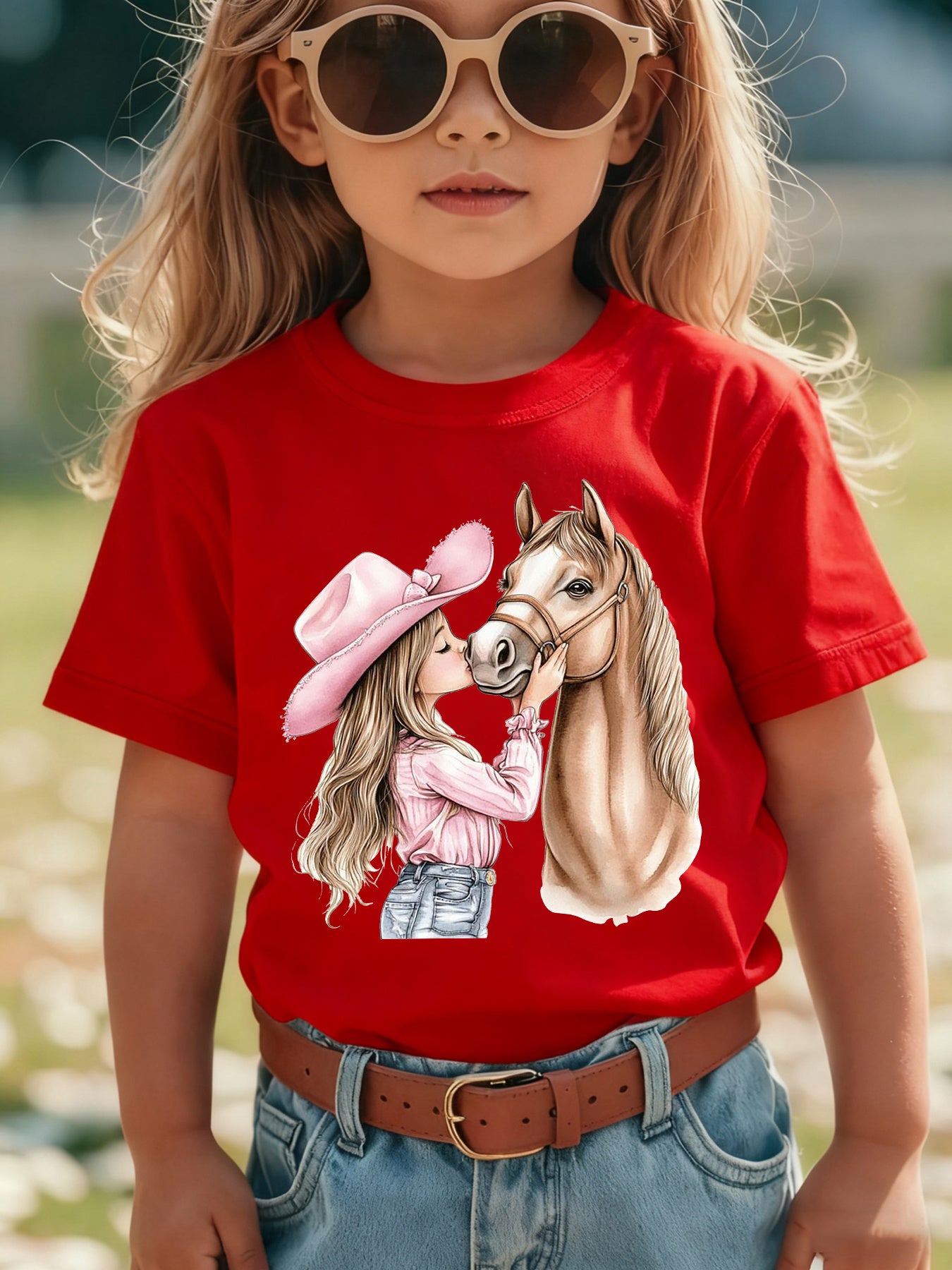 Girls' Summer Short Sleeve T-Shirt with Kissable Horse & Mara' Cartoon Patch - Pink Casual Round Neck Blouse for Equestrian Outfits NY-DX7632