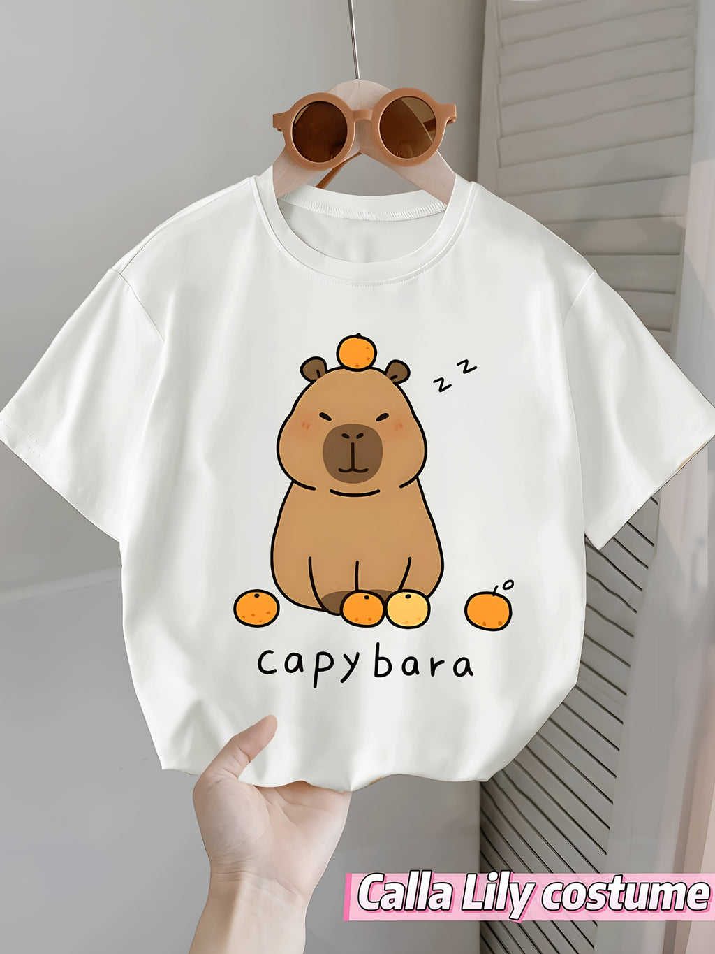 CAPYBARA Capybara Milk Tea Pattern Print, Summer Short Sleeve T-Shirt Top, Polyester Stretch Comfortable 'S Wear