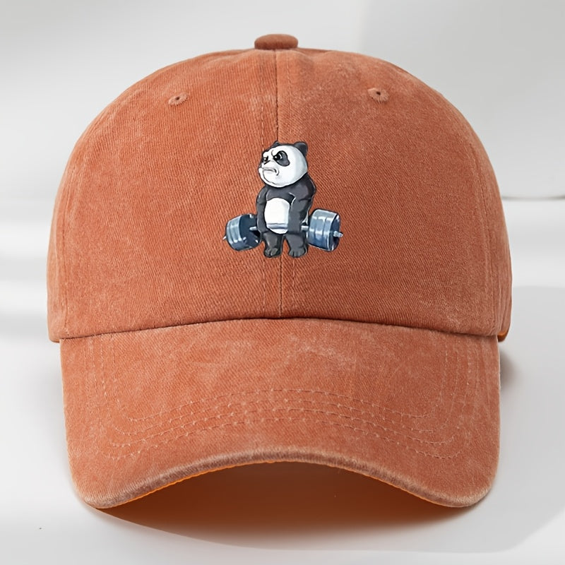 Cartoon Panda Print Baseball Cap, Washed Distressed Classic Flat Brim Hat, Soft Top Comfortable Moisture-Wicking Breathable Cap