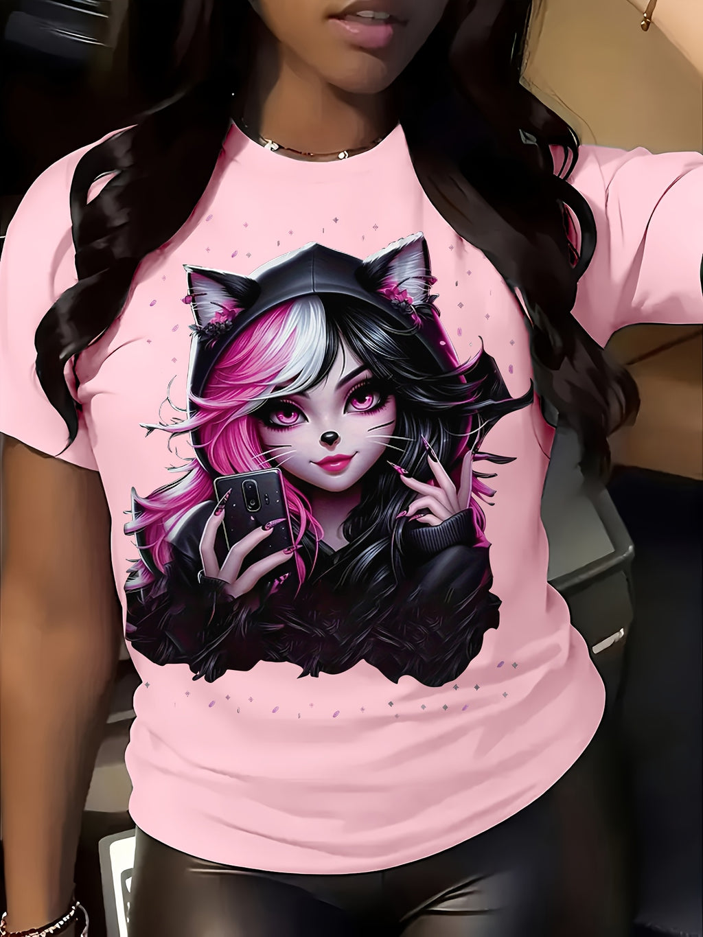 Women's Anime Cat Ear Graphic T-Shirt - Japanese Manga Print Short Sleeve Crew Neck Top, Soft Stretch Casual Summer & Spring Tee for Conventions, Themed Events & Casual Attire