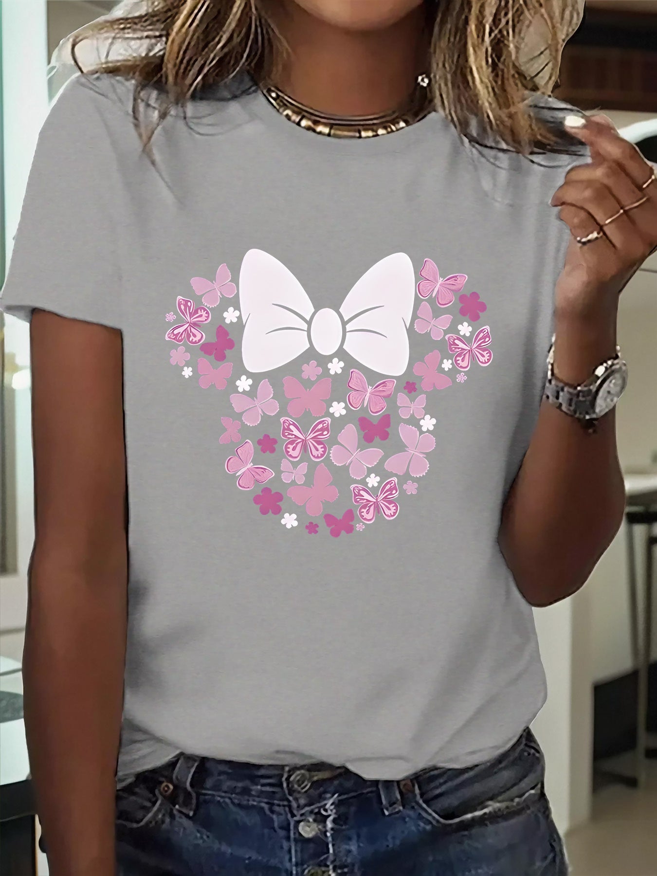 1pc Fun Printed Short Sleeve, Sweet Floral Butterfly And Bow Pattern, Women'S Fashion Casual Short Sleeve T-Shirt Blouse, Trendy Individual Fun Printed Comfortable Round Neck Base Layer, Suitable for Gift T-Shirt, Comfortable Breathable Sweatshirt