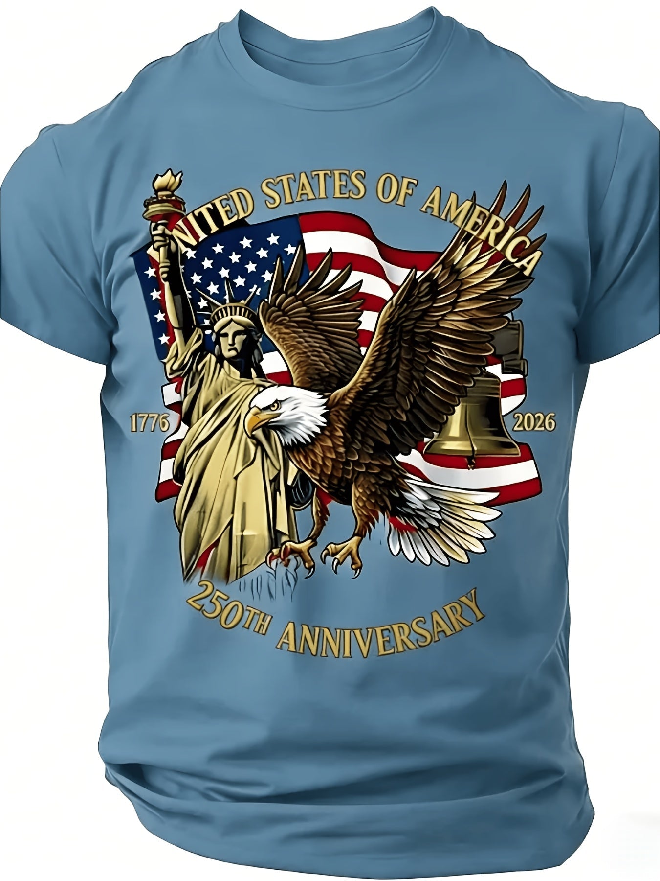 Large Round-Neck Short-Sleeved T-Shirt, Large Independence Day 250Th Anniversary T-Shirt, Featuring The National Flag, Eagle, And Statue of Liberty Prints, Loose-Fitting Top, Plus Size