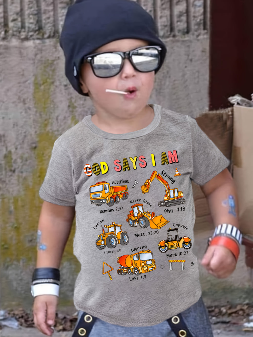 Boys' Fashionable Children's T-Shirt "God Says I Am..." Excavator and Truck Print, Cute Short-Sleeve T-Shirt, Versatile Casual Top