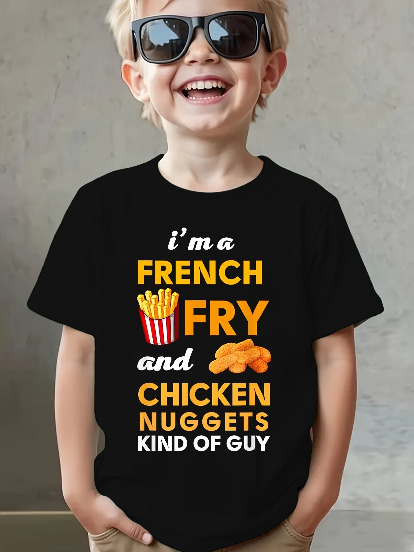 Summer Fashion Boys' Short Sleeve T-Shirt "I'M A FRENCH FRY AND CHICKEN NUGGETS KIND OF GUY" Letter Elements French Fries Print Casual Top NY-DX5075