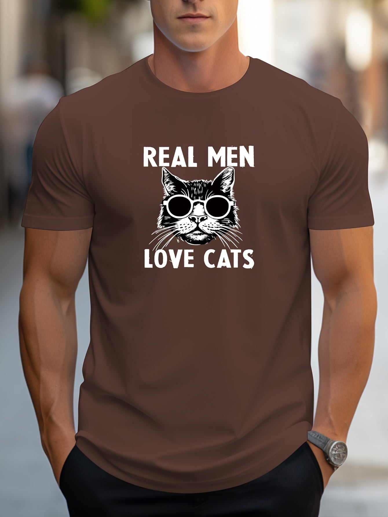 Men's Trendy Hand-Drawn Kitten Print Regular Shoulder T-Shirt