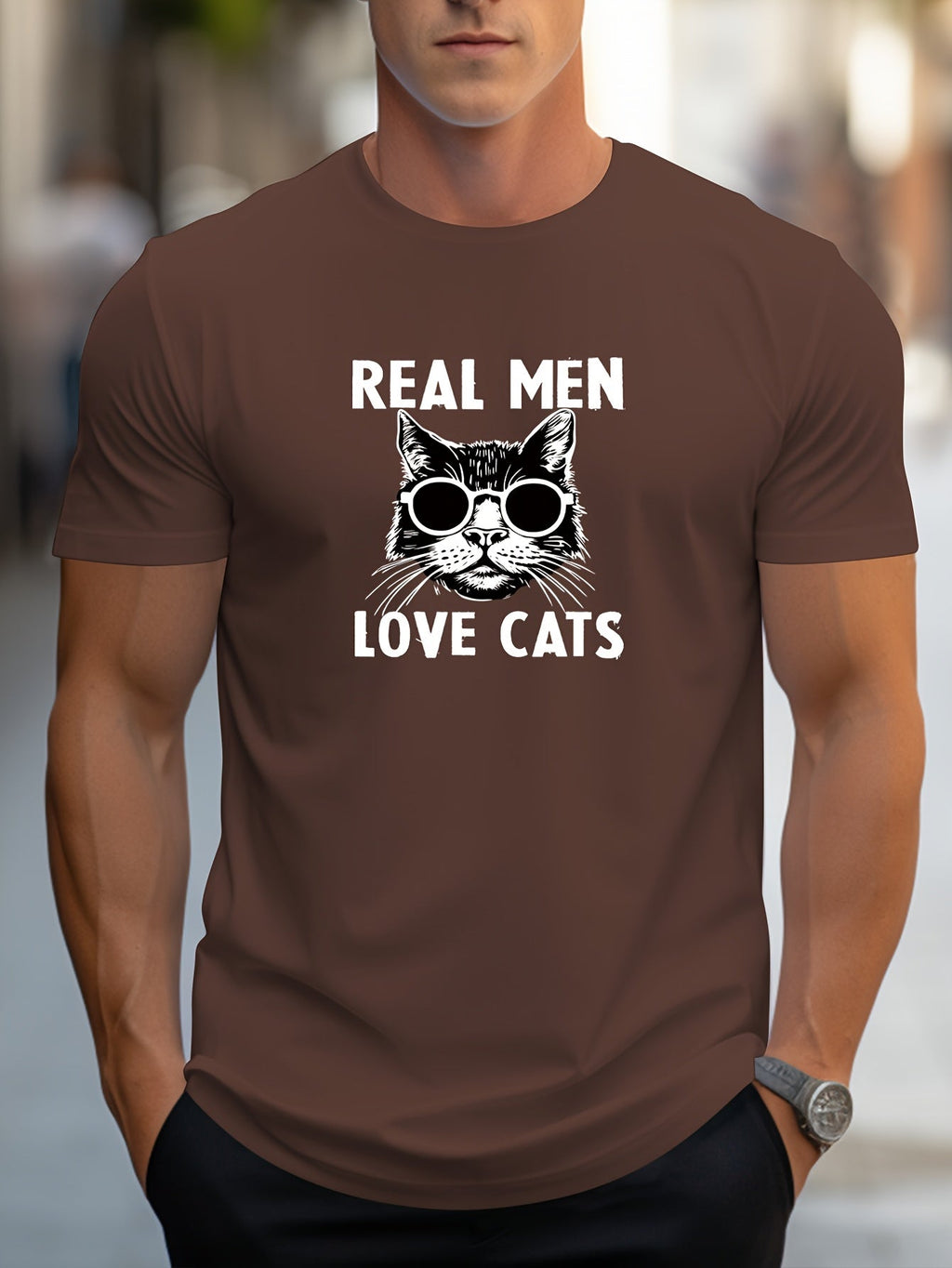 Men's Trendy Hand-Drawn Kitten Print Regular Shoulder T-Shirt