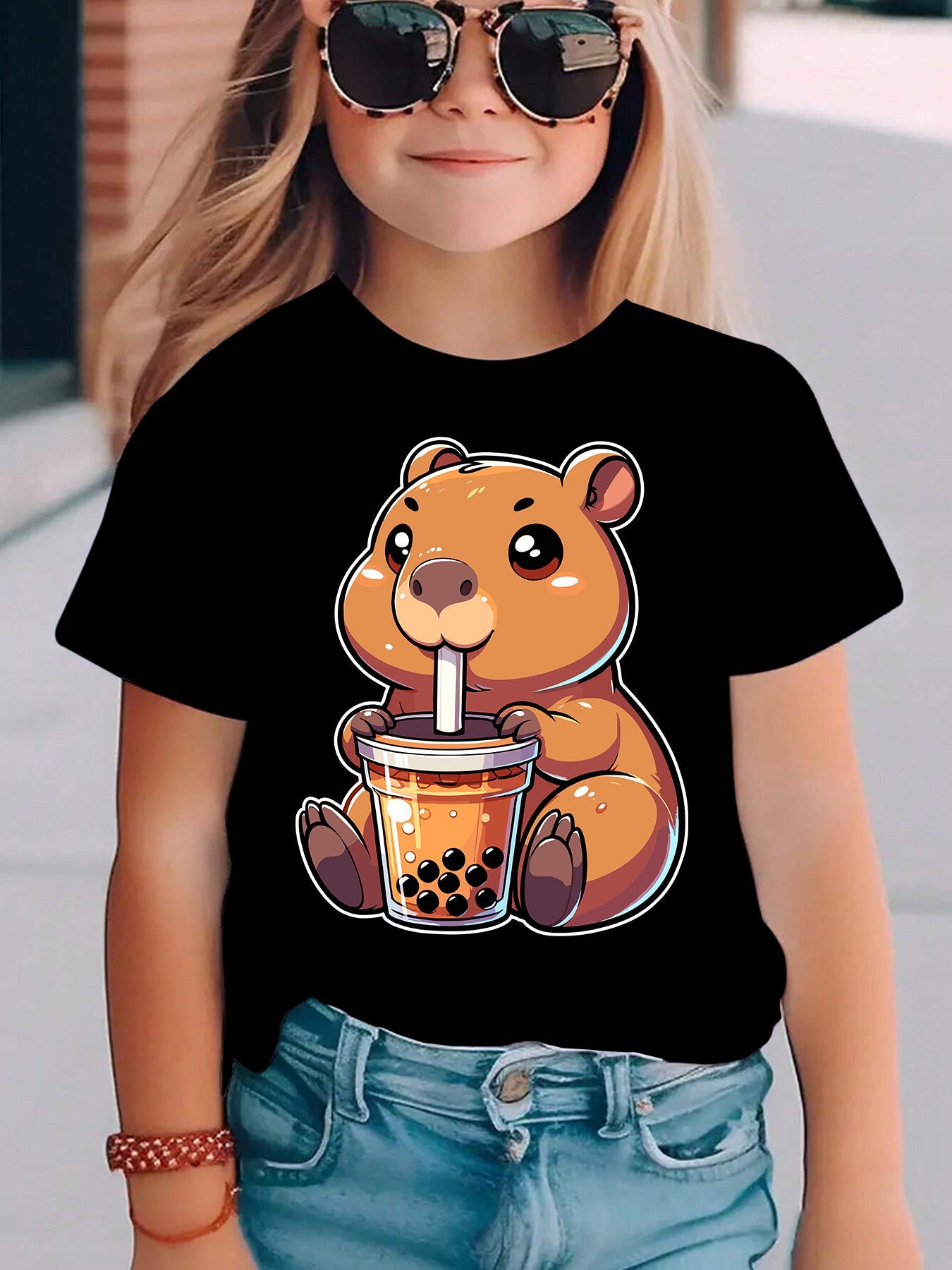 Girls' Summer Short Sleeve T-Shirt with Cute Bear Drinking Boba Milk Tea & Letter Print Round Neck Blouse - Casual Summer Top for, Playdates, Casual Attire - Easy-Care for & Little Girls (DX5334)
