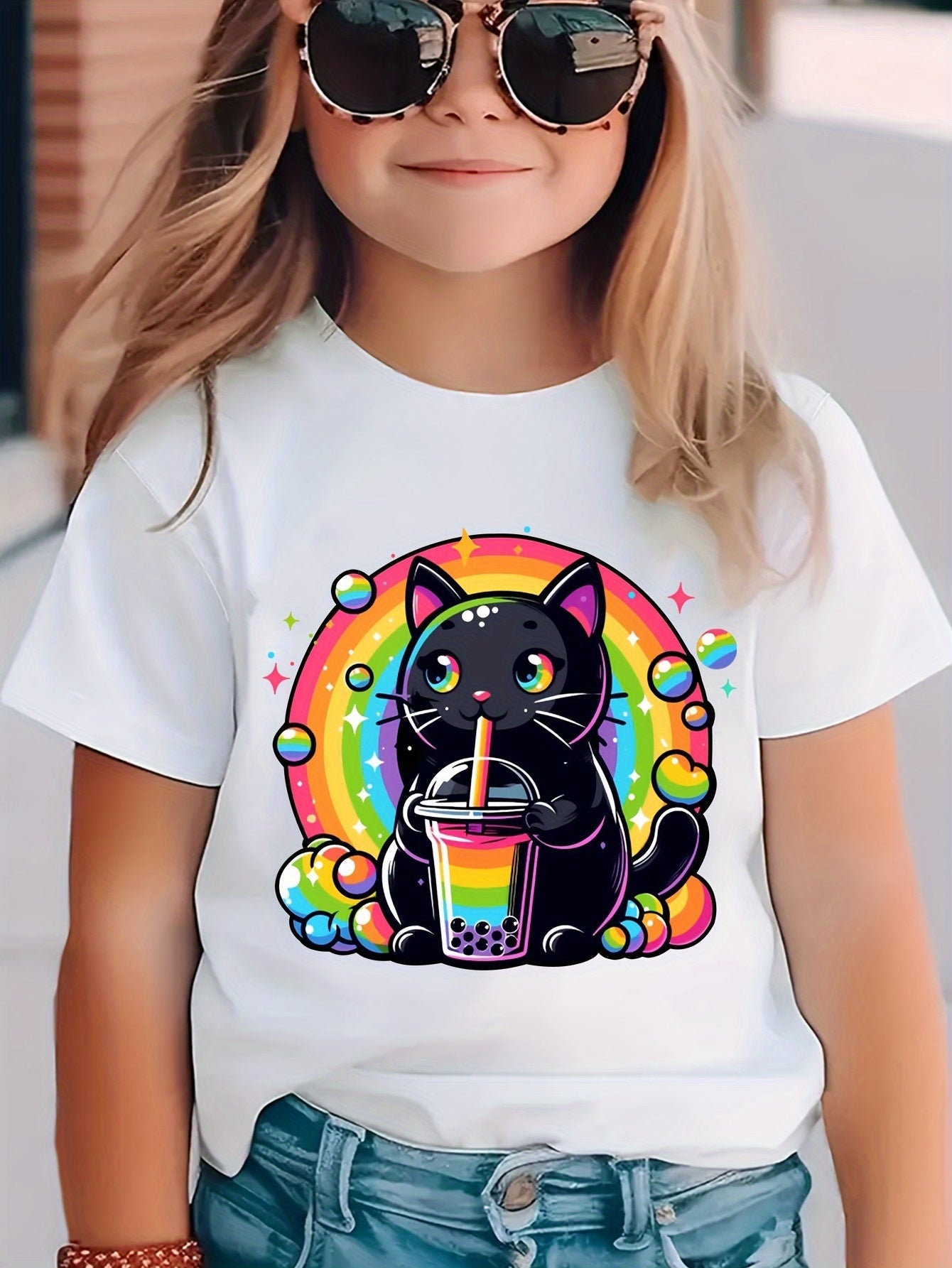 A Casual And Trendy Short-Sleeved T-Shirt Featuring a Cartoon of a Small Black Cat, Perfect for Enjoying Milk Tea. This Elastic Round-Neck Top Is Ideal for ' Everyday Wear in The Spring And Summer