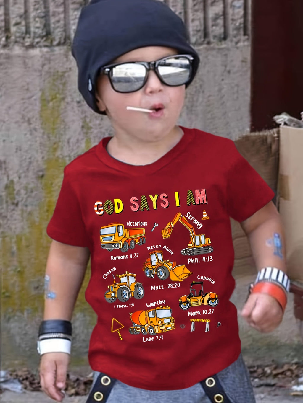 Boys' Fashionable Children's T-Shirt "God Says I Am..." Excavator and Truck Print, Cute Short-Sleeve T-Shirt, Versatile Casual Top