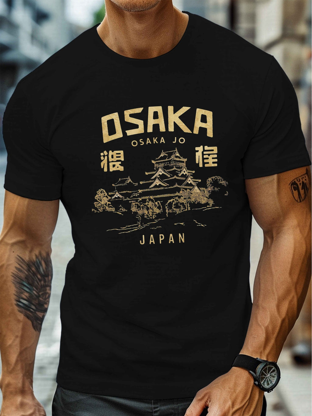 Osaka Jo Castle Illustration Print, Men's Round Crew Neck Short Sleeve Tee, Casual T-ShirtCasual Comfy Lightweight Top for Summer