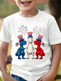 1pc 4th of July Kids' Dinosaur Flag Print White TShirt, Crew Neck, Casual Cotton Tee, Medium Stretch Knit Fabric, Regular Fit for Boys& Girls Children, Alphabet Pattern, for Spring- Summer- Fall 4th of July, Labor Day, Independence Day