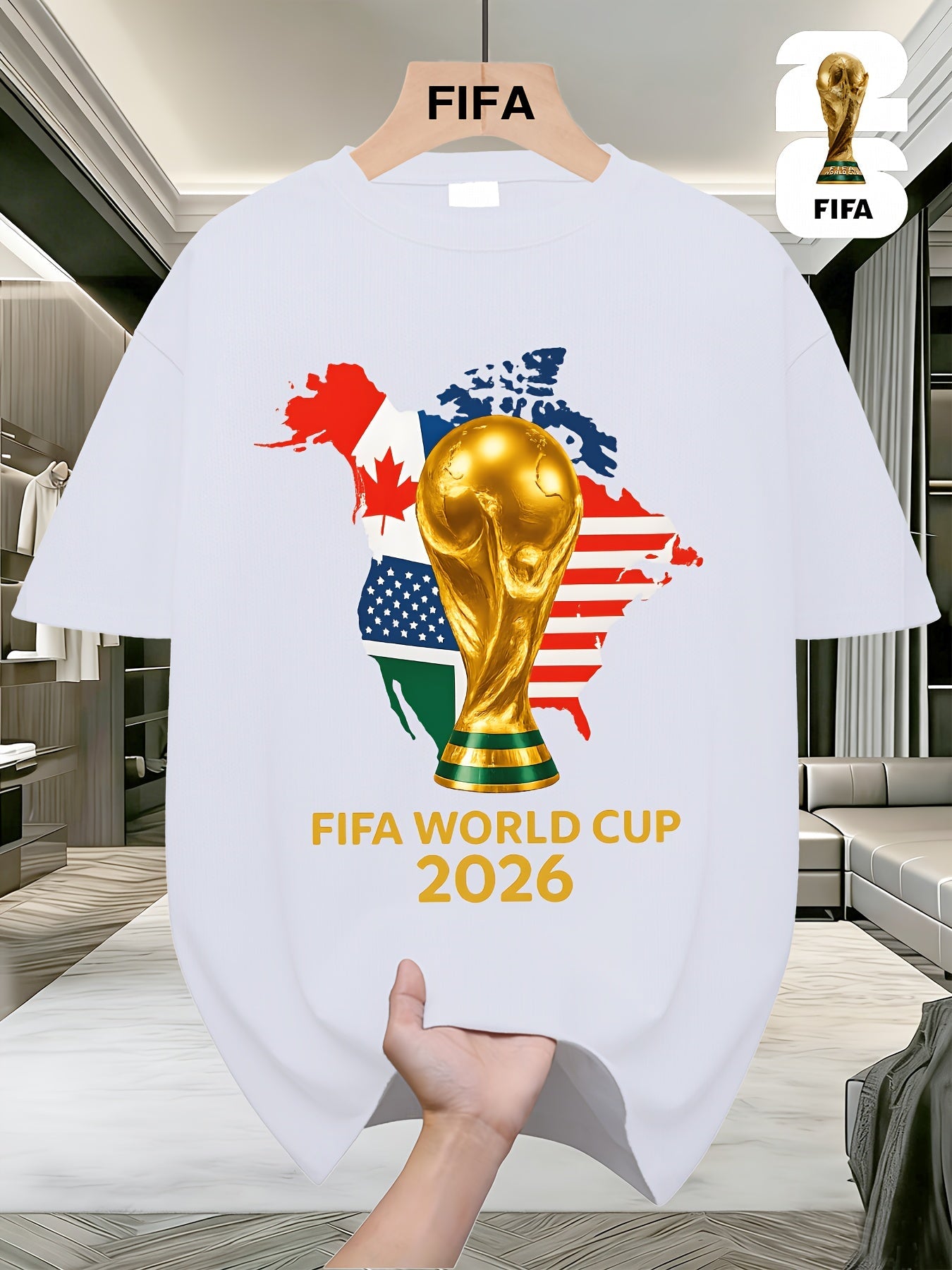 FIFA World Cup Football Brightly Patterned T-shirts from the USA, Canada, and Mexico, Featuring Street-style Prints, Fun Printed Short Sleeves, Perfect for Casual Attire, Men's and Women's Styles, and Suitable as a Birthday Gift for Sports Fans.