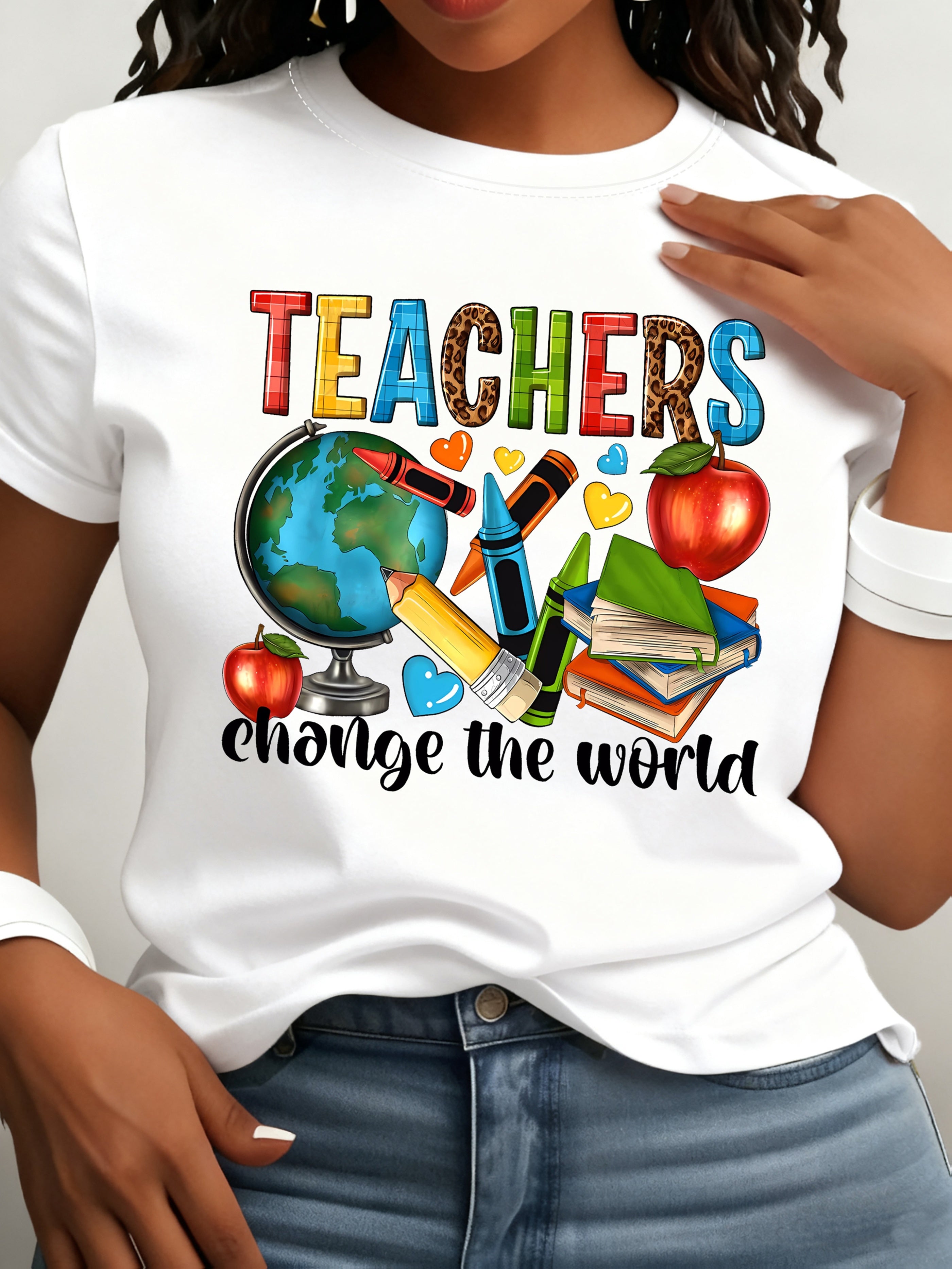 Teacher Print Crew Neck T-Shirt, Casual Short Sleeve T-Shirt for Spring & Summer, Women's Clothing
