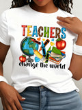 Teacher Print Crew Neck T-Shirt, Casual Short Sleeve T-Shirt for Spring & Summer, Women's Clothing