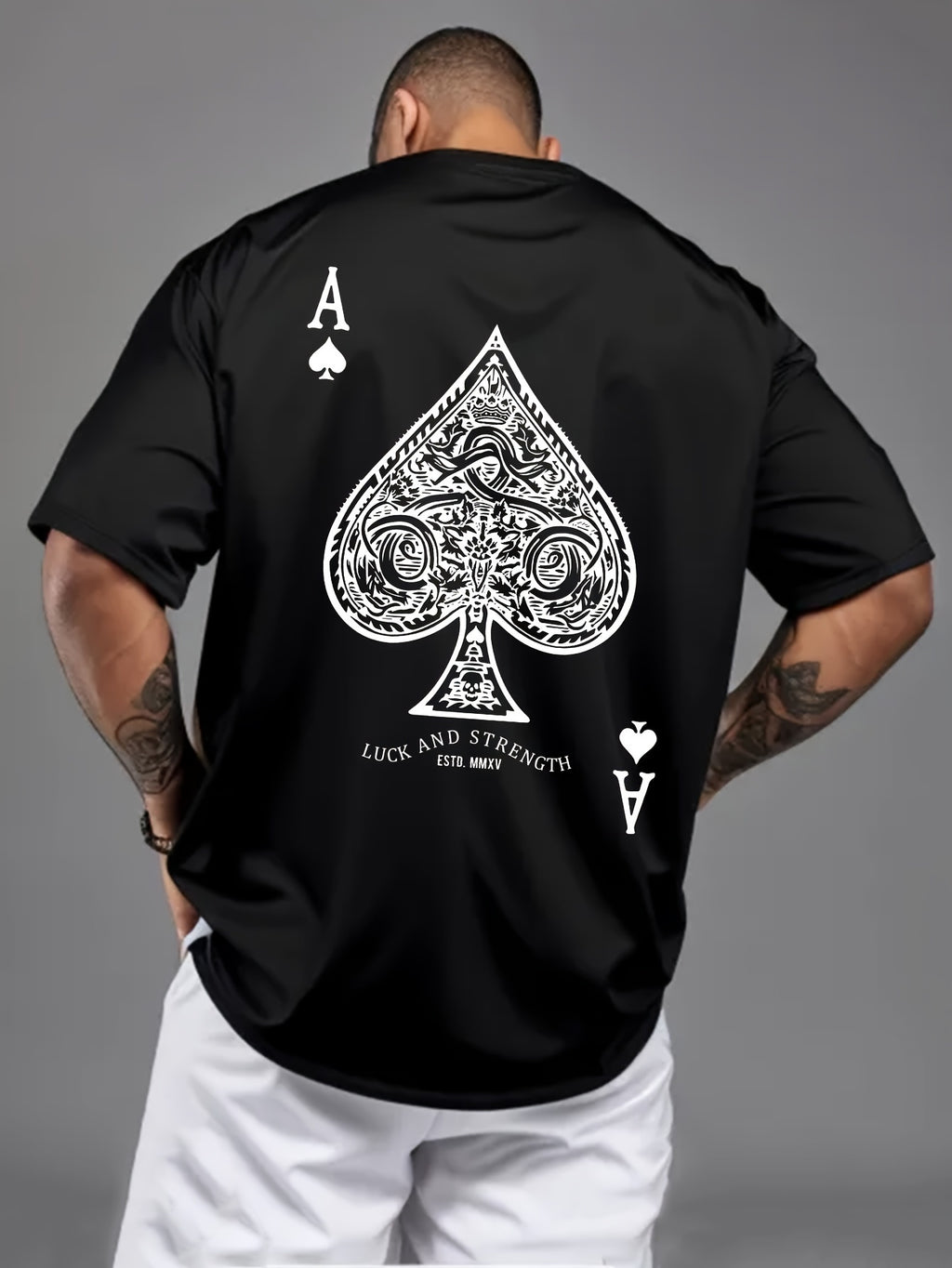 Men's Black Peach a Poker Pattern Casual T-shirt-Soft Polyester Blending, Round Neck, Short Sleeve, Machine Washable