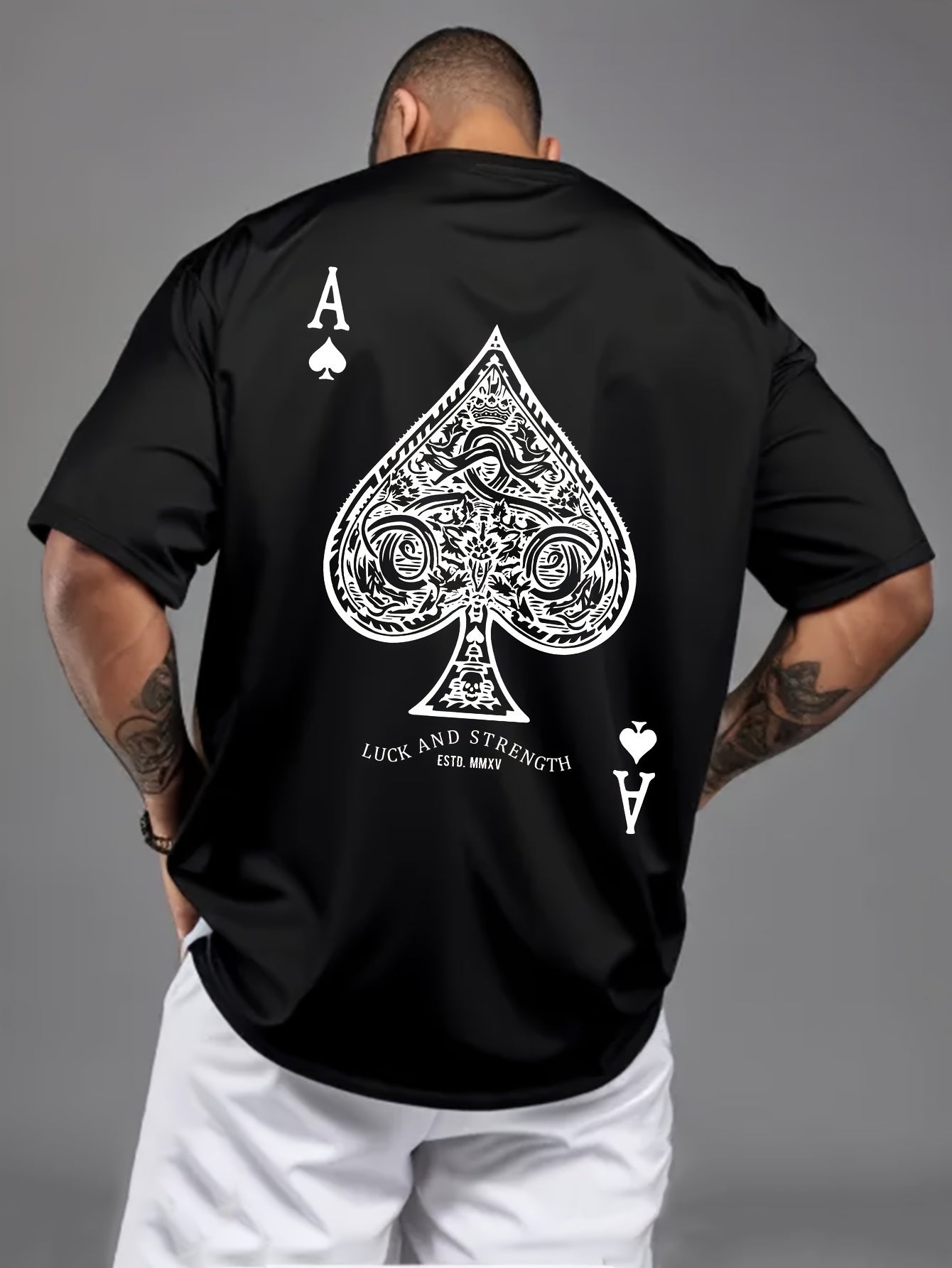 Men's Black Peach a Poker Pattern Casual T-shirt-Soft Polyester Blending, Round Neck, Short Sleeve, Machine Washable