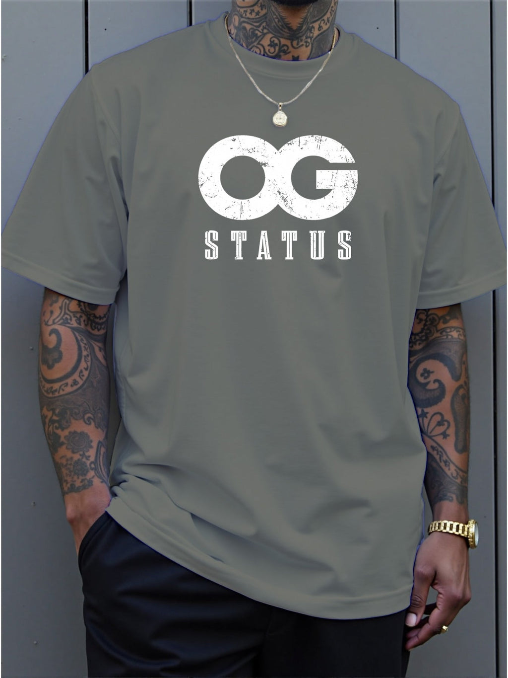 Men's Large 'OG Status' Graphic T-Shirt - Bold White OG Lettering Crew Neck Short Sleeve Shirt, Casual Summer Streetwear with Comfortable Fit & Machine Washable Suitable for Casual Attire, Gym, Lounge, PLUS SIZE