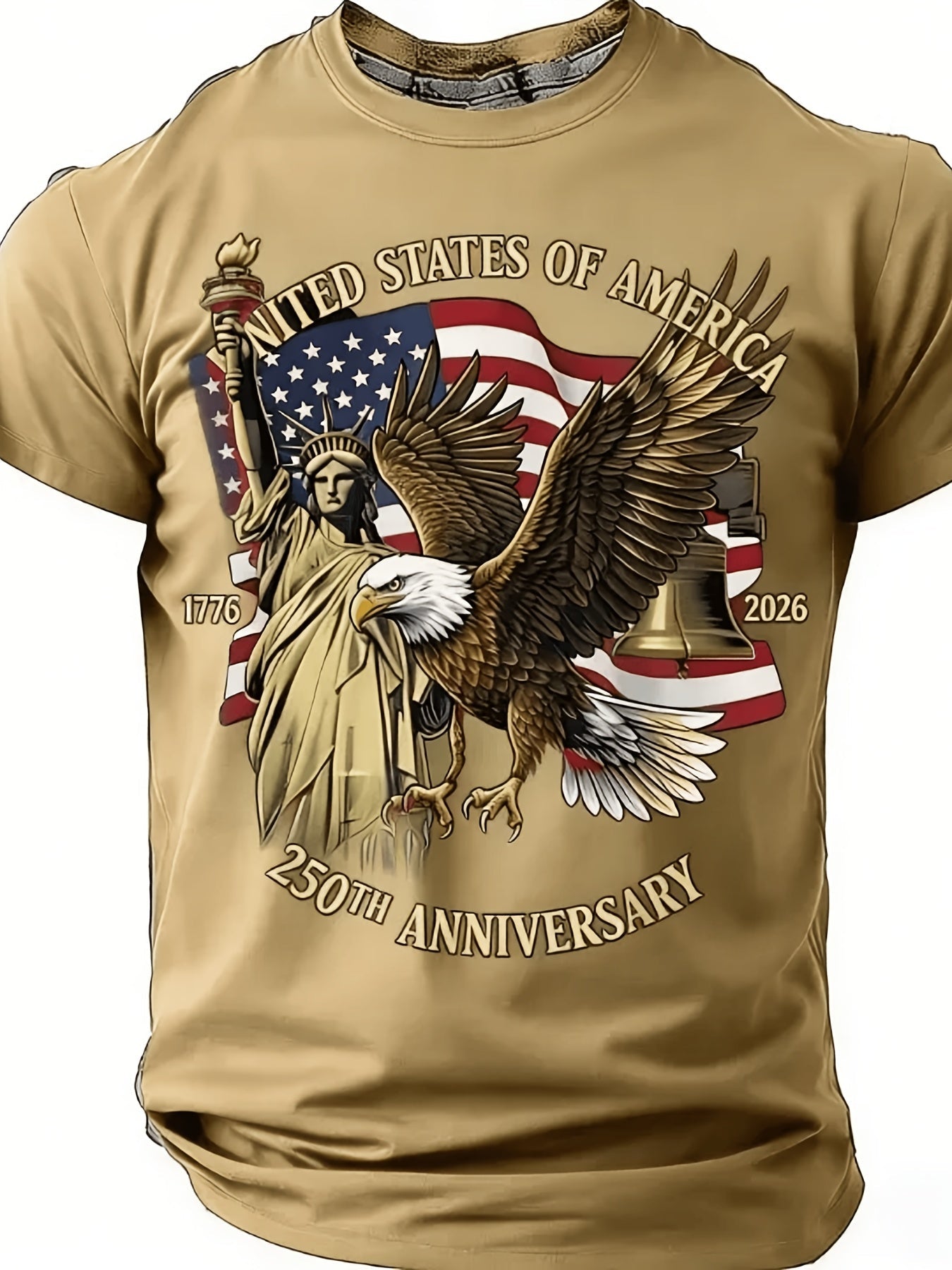 Large Round-Neck Short-Sleeved T-Shirt, Large Independence Day 250Th Anniversary T-Shirt, Featuring The National Flag, Eagle, And Statue of Liberty Prints, Loose-Fitting Top, Plus Size