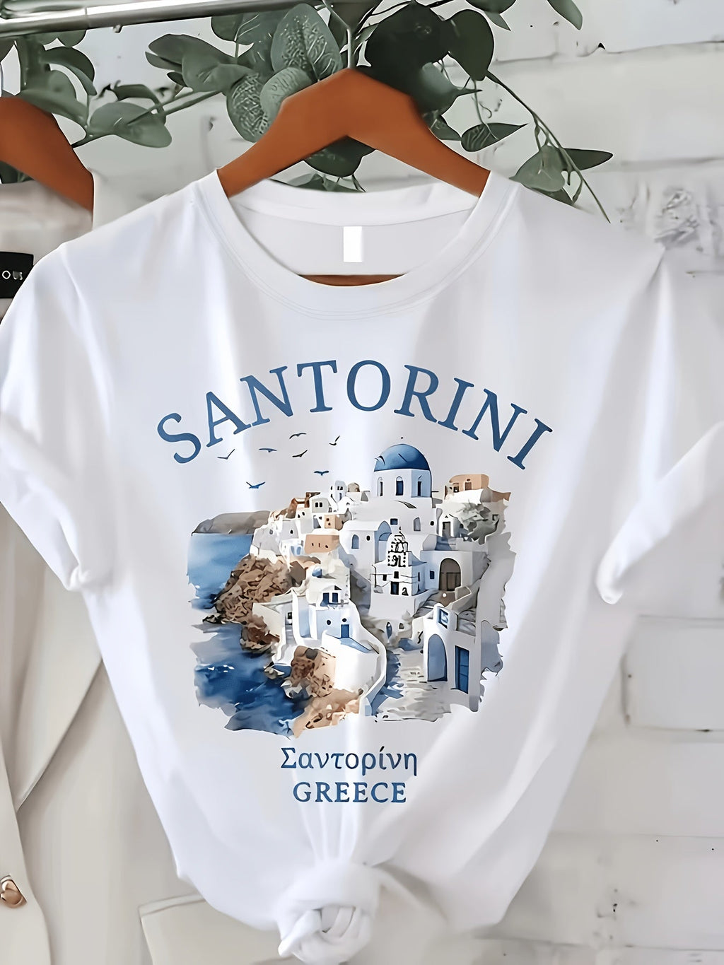 Santorini Print Round Neck T-Shirt, Summer Short Sleeve Casual Top