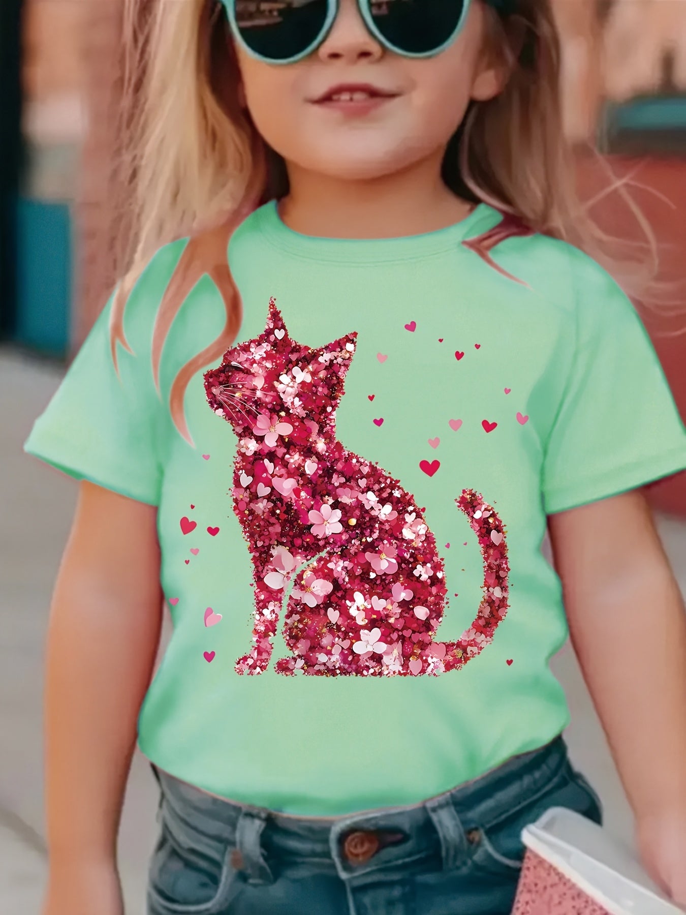Cute girls' T-shirts, including a cat print T-shirt with faux sequin design, a romantic red floral print T-shirt, a round neck short-sleeved casual top, the perfect choice for summer outings.
