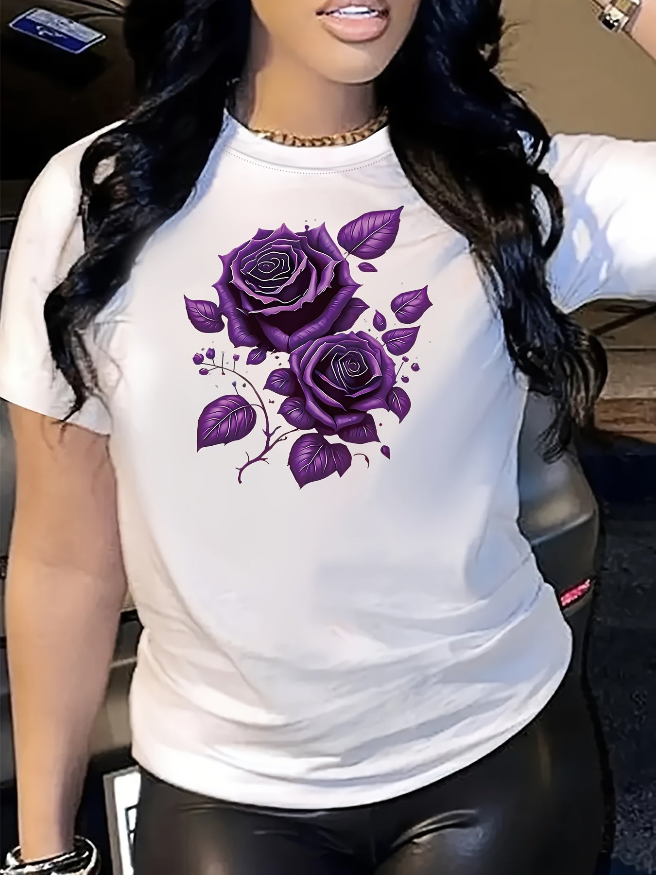 Purple Rose Pattern Printed Comfortable Women'S Short-Sleeve T-Shirt, Sports T-Shirt with Print, Women'S T-Shirt Design, Women'S Top