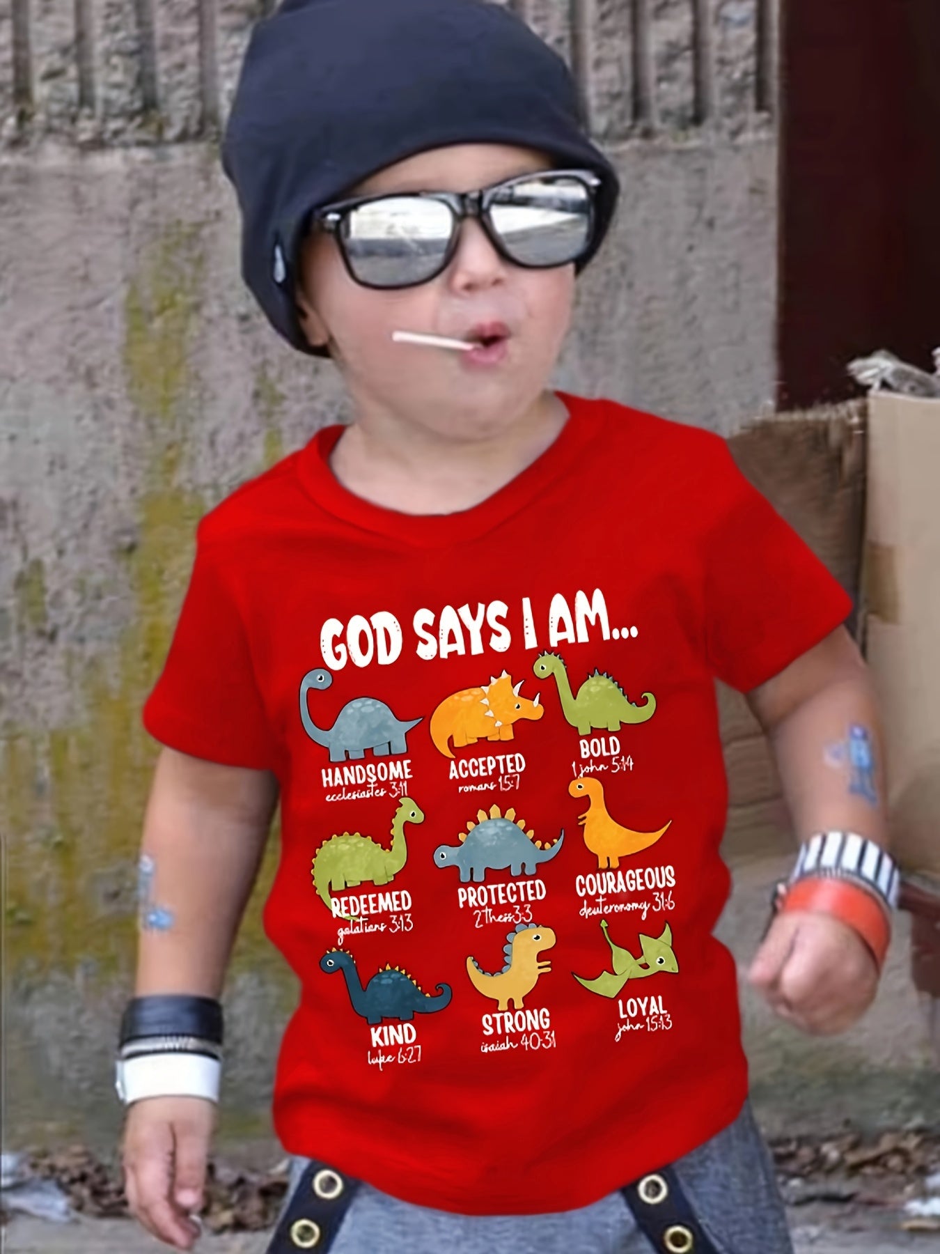 Summer Boys' Fashion Children's T-Shirt "God Says I Am..." Dinosaur Print Cute Short-Sleeve T-Shirt Versatile Casual Top
