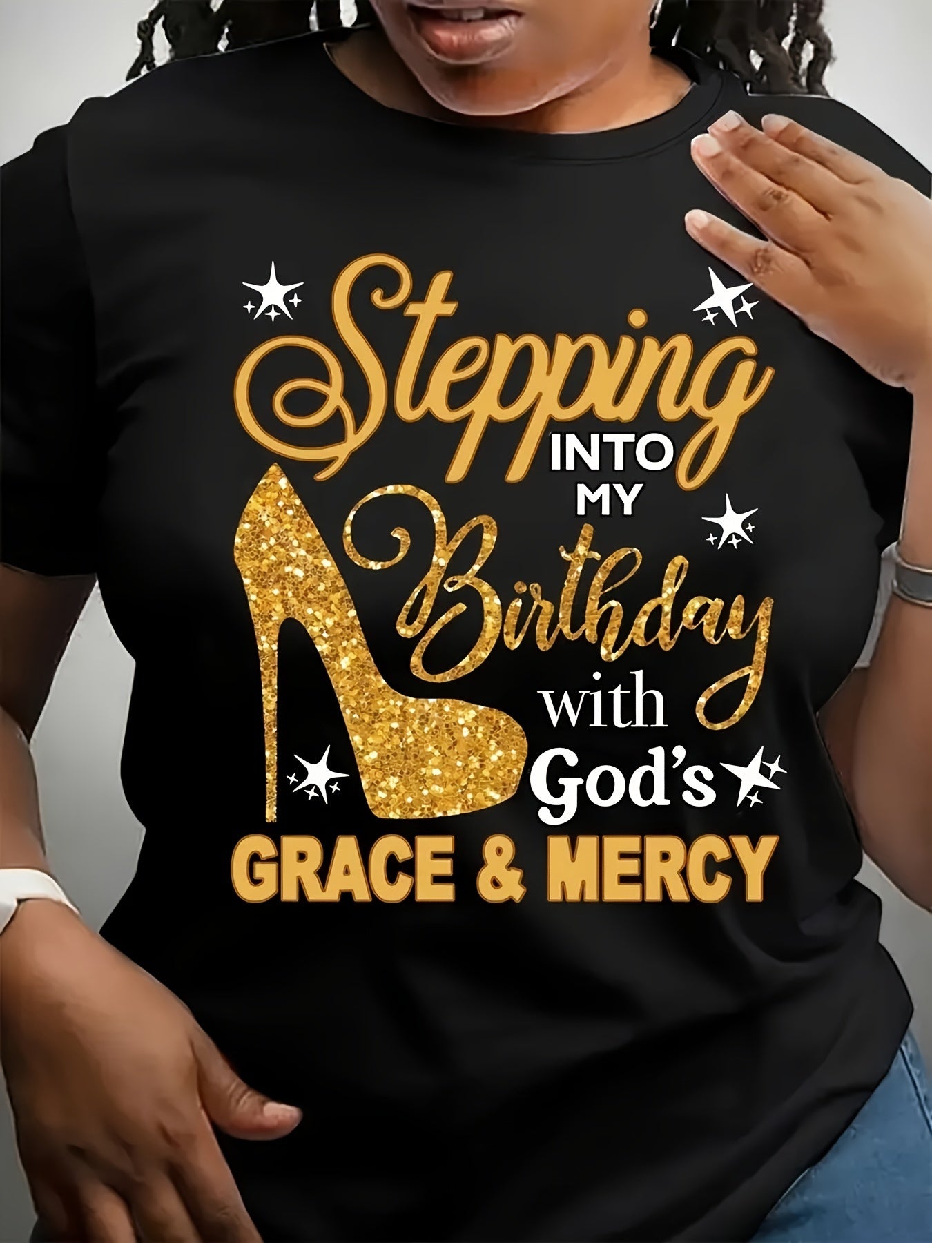 Plus Size, Plus-size Casual Fashion Printed T-shirt for Women, Trendy Lettering, High Heels, Base Layer, Daily Outing