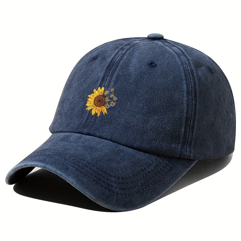 1pc Unisex Sunshade Washed Distressed Baseball Cap With Sunflower Butterfly Pattern For Outdoor Sport, Ideal choice for Gifts