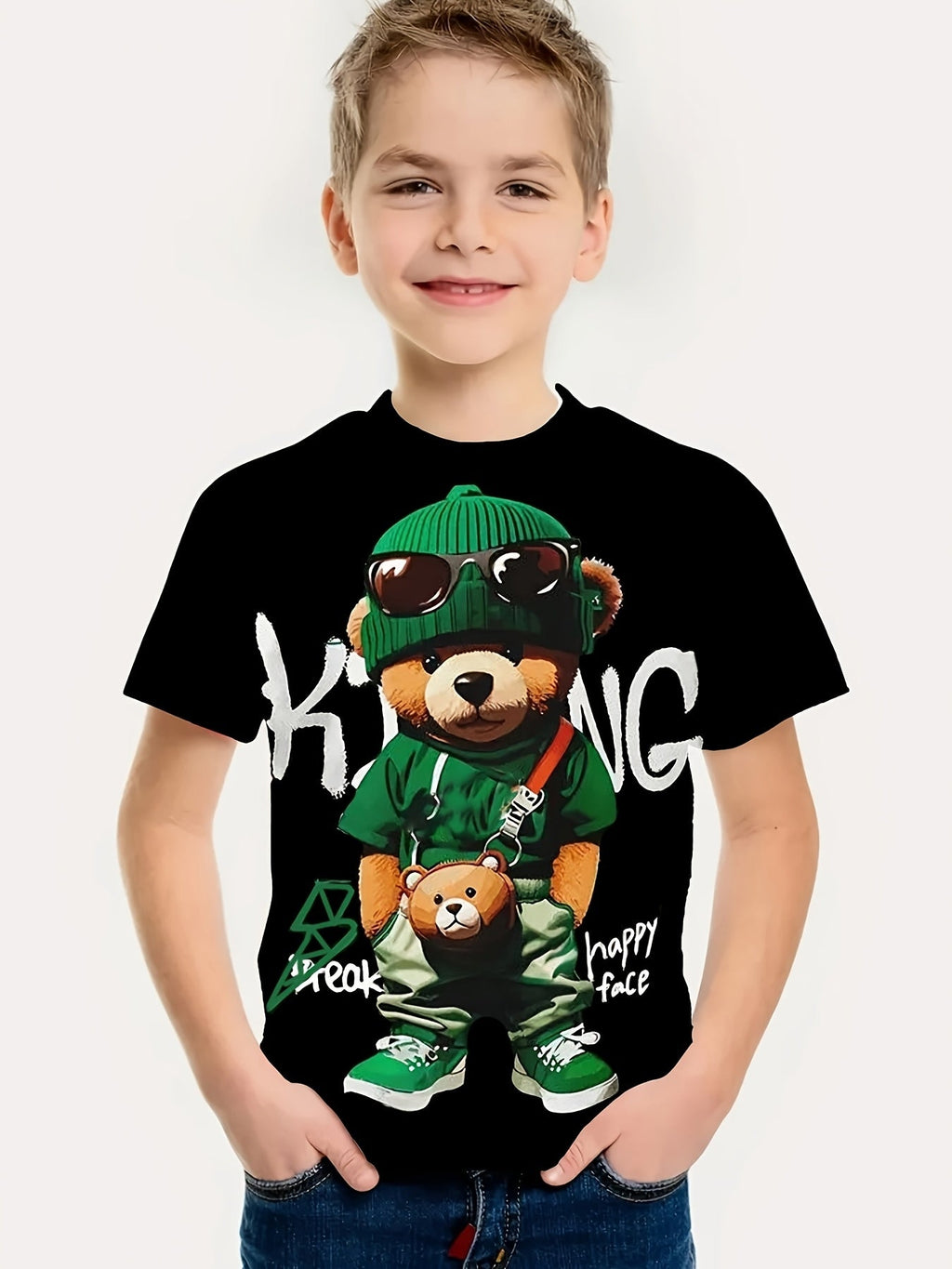 3D Printed Cartoon Cool Bear T-Shirt for Boys, Stylish, Casual, And Versatile Short-Sleeve Tee