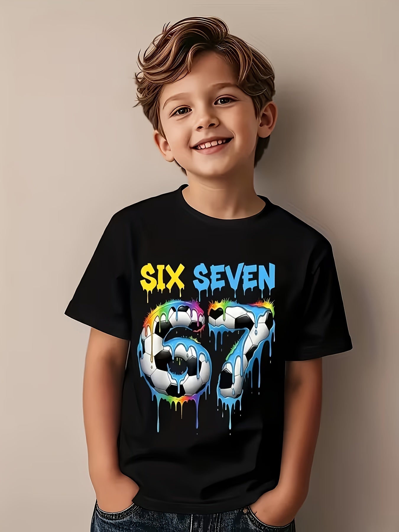 Children's Football "67" T-shirt - Neon Green and Turquoise Football Pattern with Drip Design, Suitable for Casual Round Neck T-shirt of Fans and Players