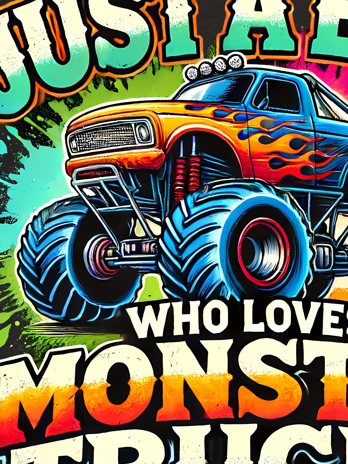 TX31220 Boy JUST A BOY WHO LOVES MONSTER TRUCKS Truck Print Casual Round Neck T-shirt