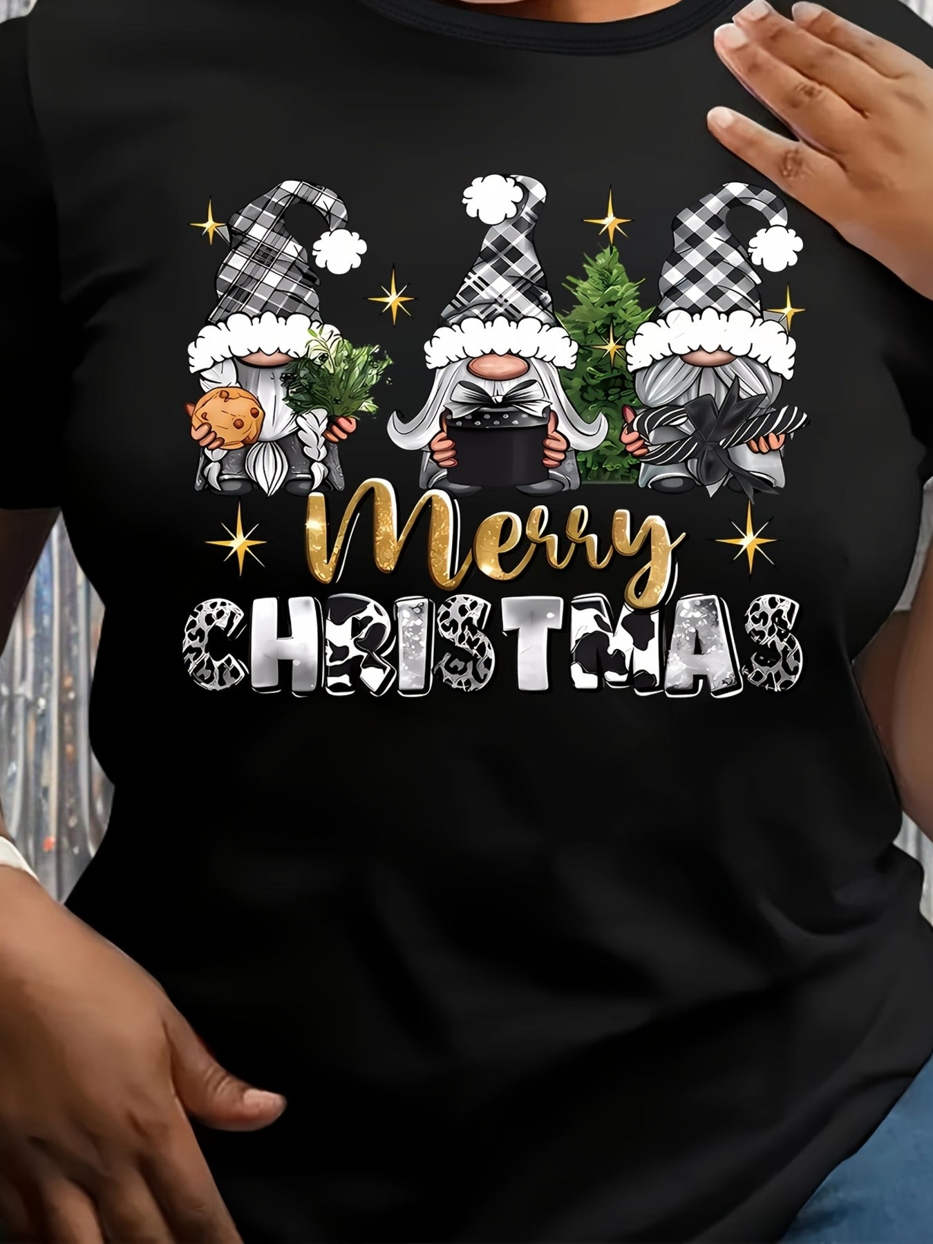 Plus Size Women's Casual Christmas Graphic T-Shirt - Festive Gnome & Merry Christmas Letter Print, Soft Short Sleeve Round Neck Tee for Holiday Parties & Casual Attire, Relaxed Fit Tee, Machine Washable Shirt