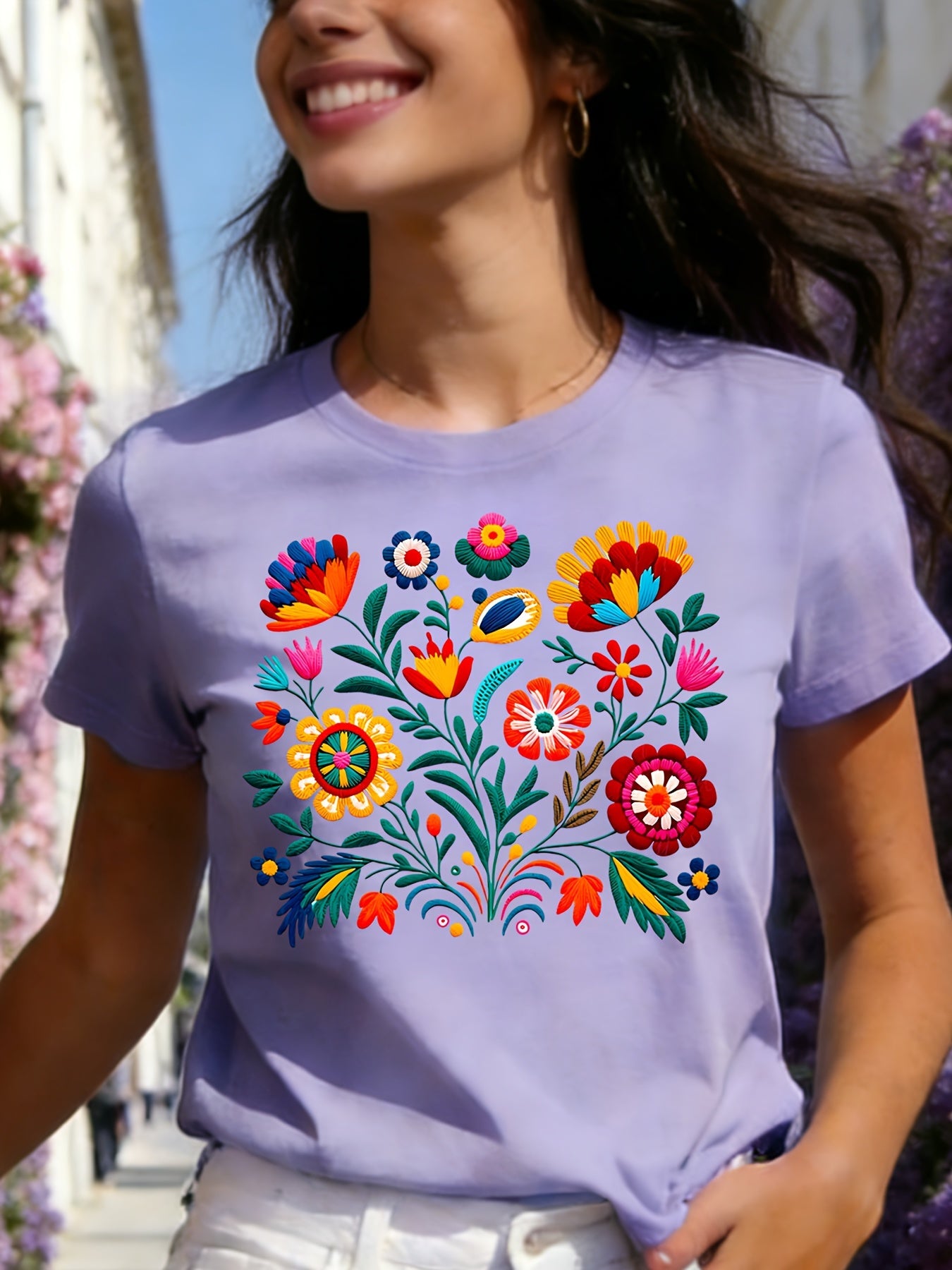 Mexican Color Floral Fiesta Letter Print T-shirt, Casual Short Sleeve Crew Neck Top Women's Clothing