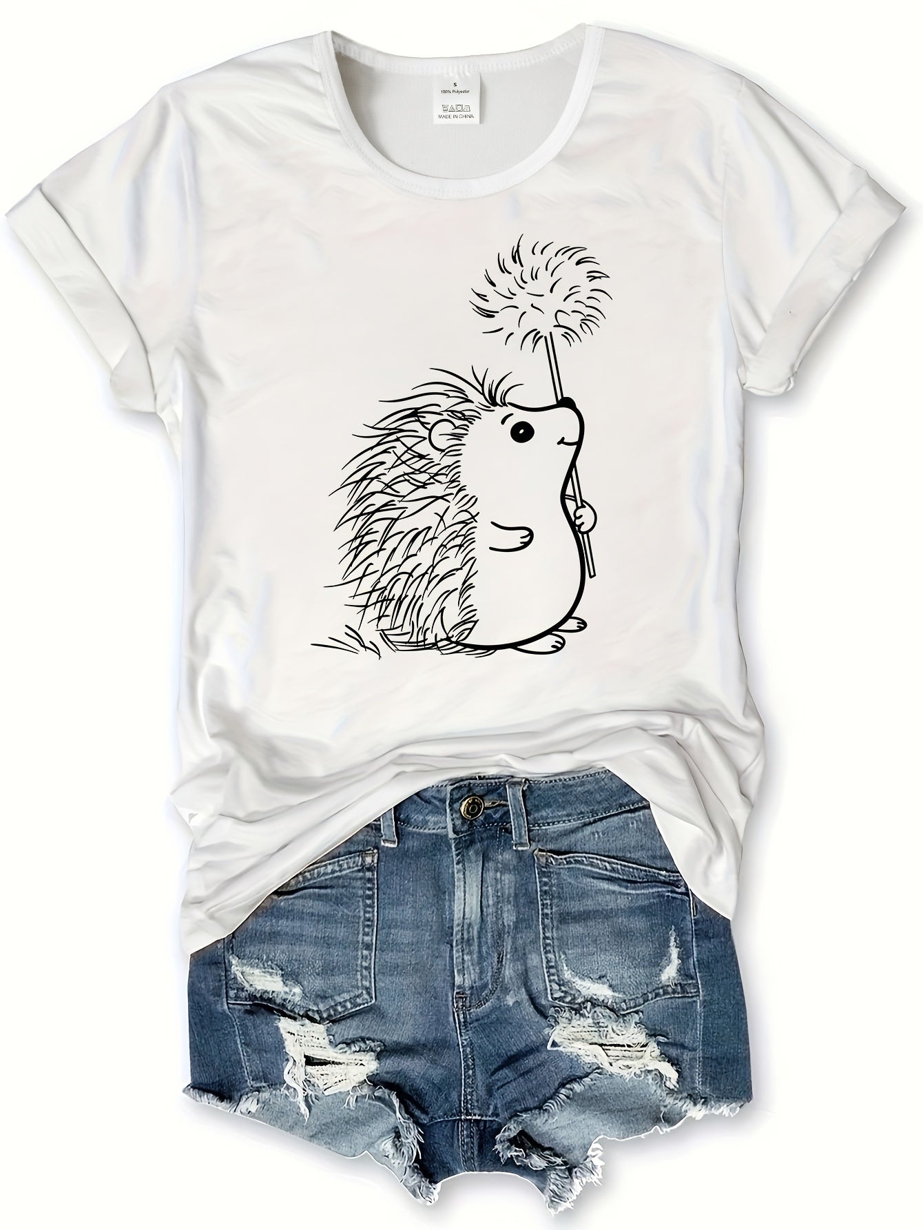 Hedgehog Print Crew Neck T-Shirt, Casual Short Sleeve T-Shirt For Spring & Summer, Women's Clothing