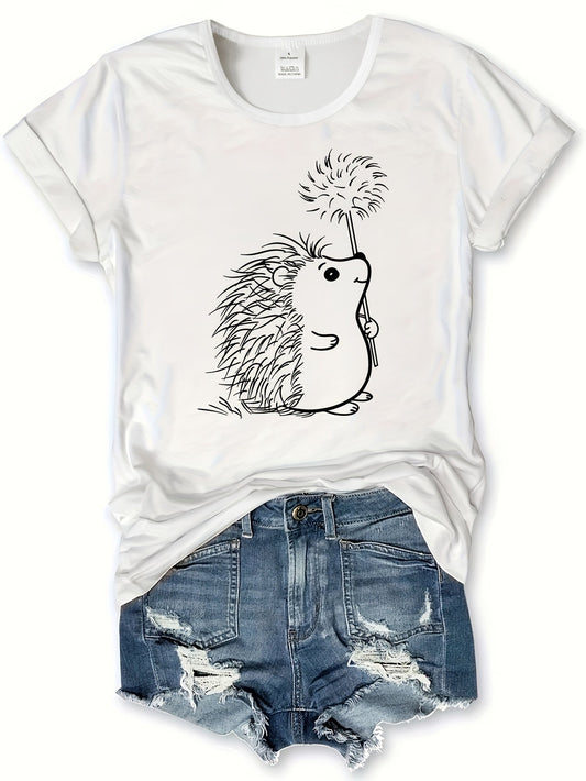 Hedgehog Print Crew Neck T-Shirt, Casual Short Sleeve T-Shirt For Spring & Summer, Women's Clothing