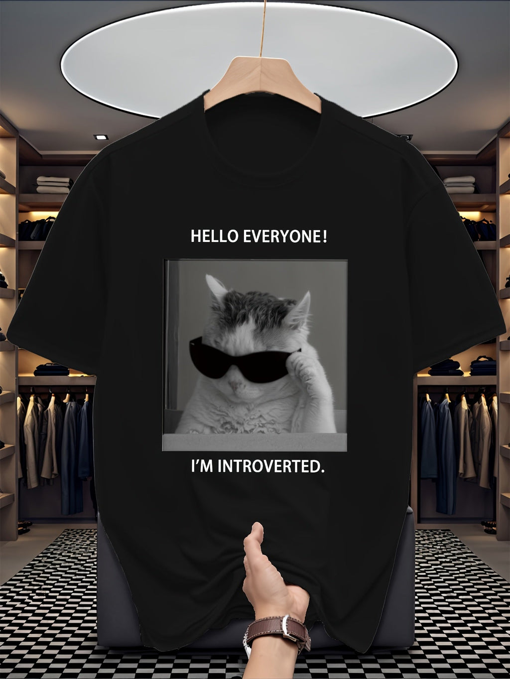 Men's "Pretending to Be Socially Awkward" Cat Letter Print Versatile Casual Sporty Short-Sleeve T-Shirt