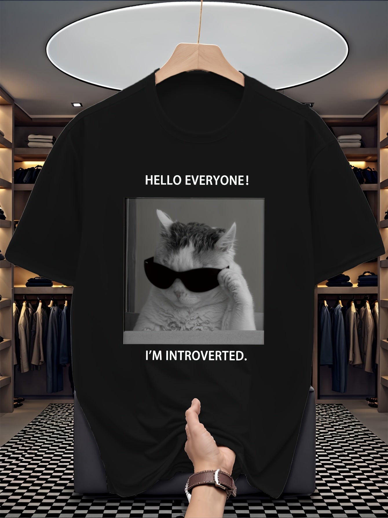 Men's "Pretending to Be Socially Awkward" Cat Letter Print Versatile Casual Sporty Short-Sleeve T-Shirt