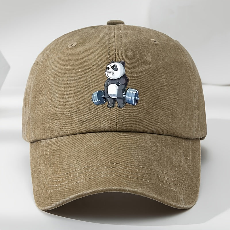 Cartoon Panda Print Baseball Cap, Washed Distressed Classic Flat Brim Hat, Soft Top Comfortable Moisture-Wicking Breathable Cap