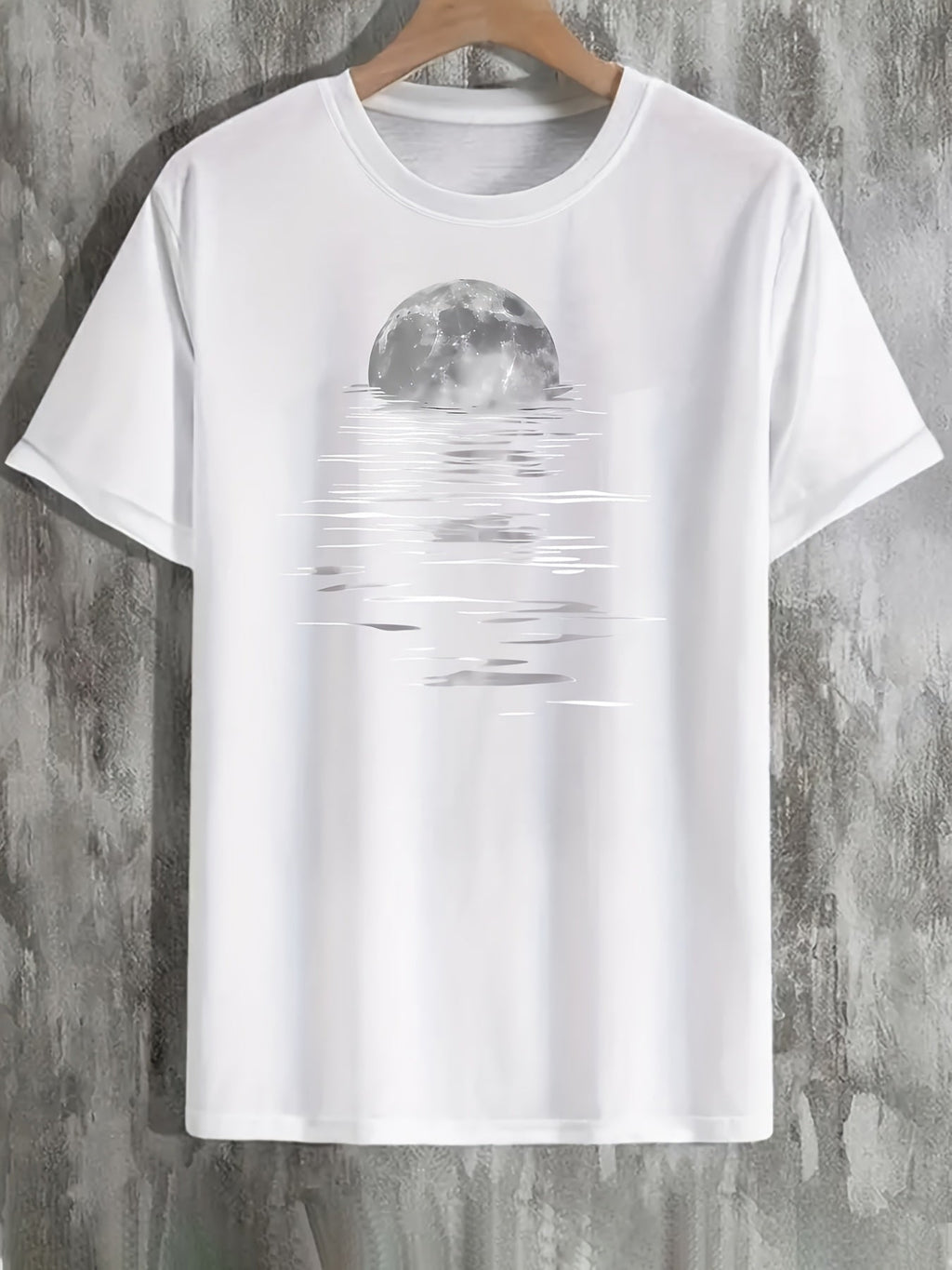 Men's Stylish Moon Creative Print T-Shirt, Crew Neck Short Sleeve, Casual Tee, Versatile Top For Spring And Summer, Trendy Streetwear Fashion
