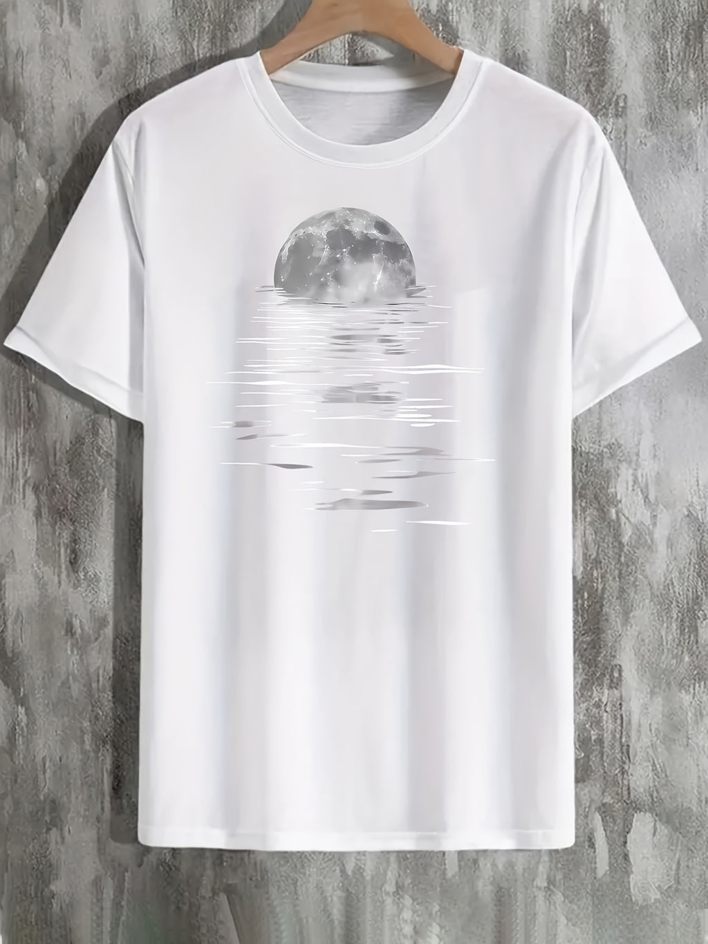 Men's Stylish Moon Creative Print T-Shirt, Crew Neck Short Sleeve, Casual Tee, Versatile Top For Spring And Summer, Trendy Streetwear Fashion