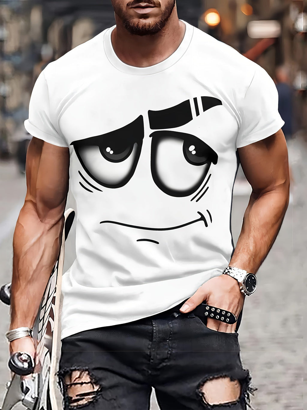 Men's 3D Novelty Graphic Tee - Casual Polyester Crew Neck T-Shirt, Machine Washable