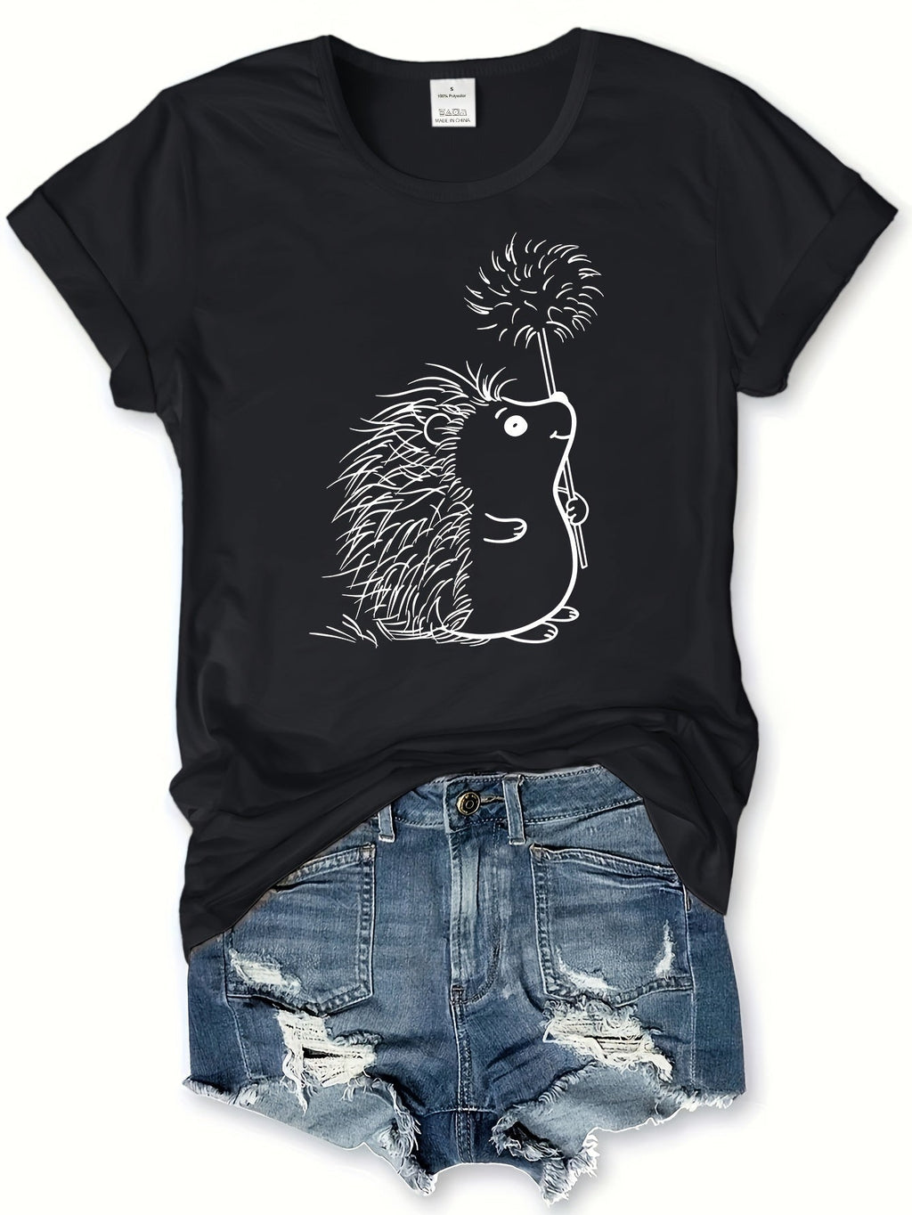 Hedgehog Print Crew Neck T-Shirt, Casual Short Sleeve T-Shirt For Spring & Summer, Women's Clothing